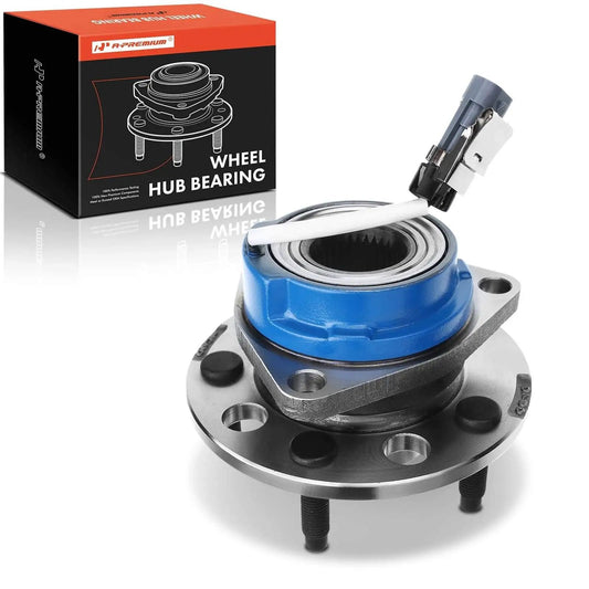 Front wheel hub bearing assembly (single) with ABS sensor, 5-lug, shown with packaging, fits GM models 1991-1999