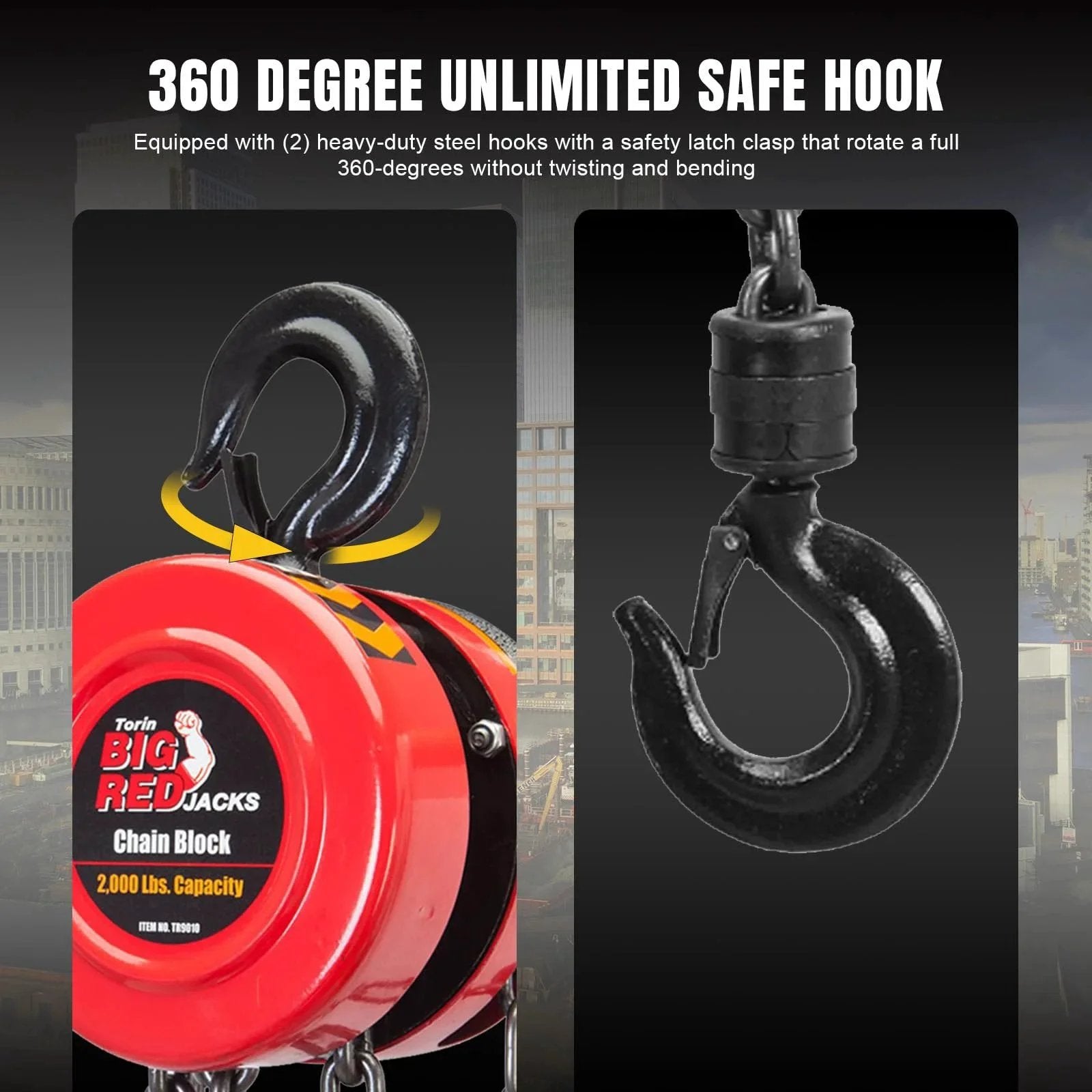 360-degree safe hook on 1 Ton Hand Chain Hoist With Mechanical Load Brake, 8 Ft Lift, Dual Heavy Duty Hooks, 2,000 Lb Capacity.
