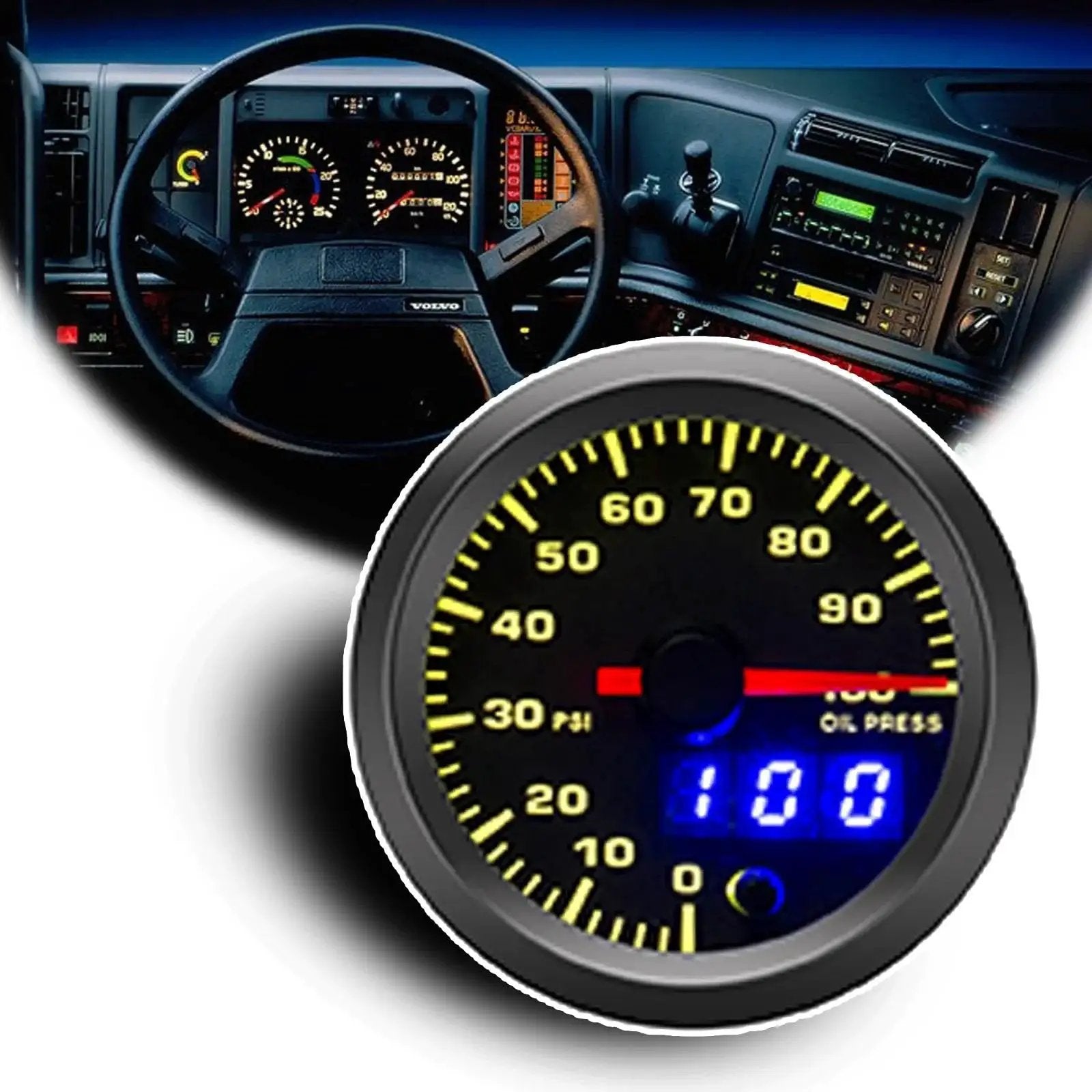 Oil Pressure Gauge Kit 52mm With 7 Color LED Digital Readouts 0 To 100 PSI Black Dial Clear Lens Fit For 12V Cars Trucks ATV RV