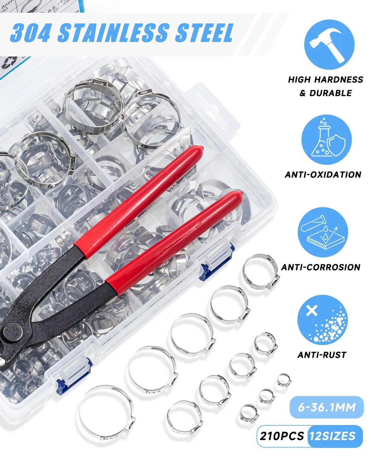 210 Piece Stainless Steel Hose Clamp Kit With 12 Sizes From 6 mm To 36.1 mm Stepless Adjustable Cinch Clamps And Pincer Tool