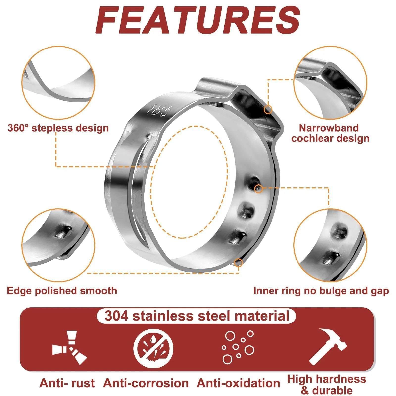 Pro Grade 370 Piece Hose Clamp Set With 15 Sizes From 5.3 To 33.1mm Single Ear No Sharp Edges Crimp Clamps In 304 Stainless Steel