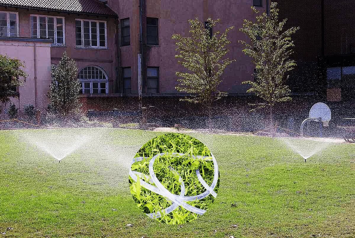 Sprinkler system watering a lawn with an inset of clear PVC tubing used for water transfer