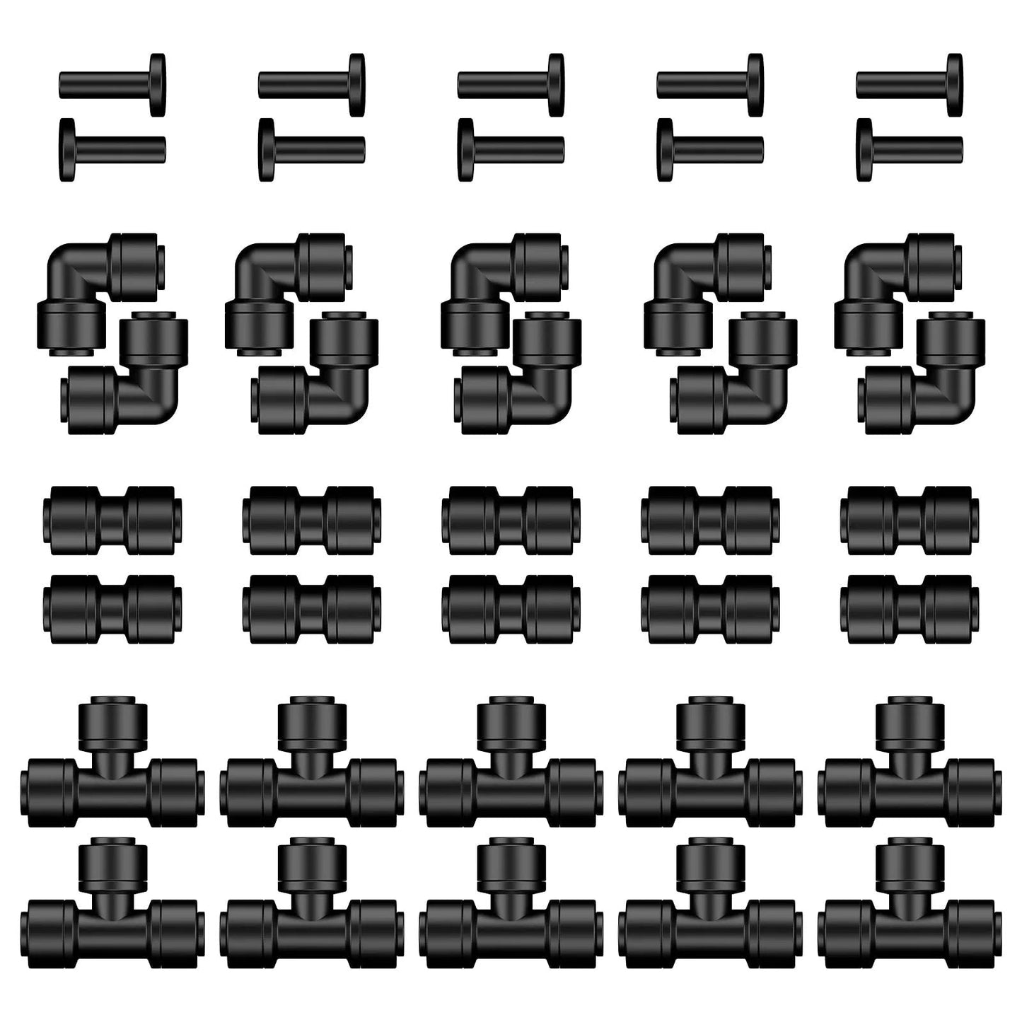 40-Piece Quick Connect Drip Irrigation Fittings Kit For 1/4 Inch Tubing With Push-To-Fit Connectors Including 10 Tees 10 Couplings 10 Elbows And 10 End Plugs Anti-Leak Pawfly