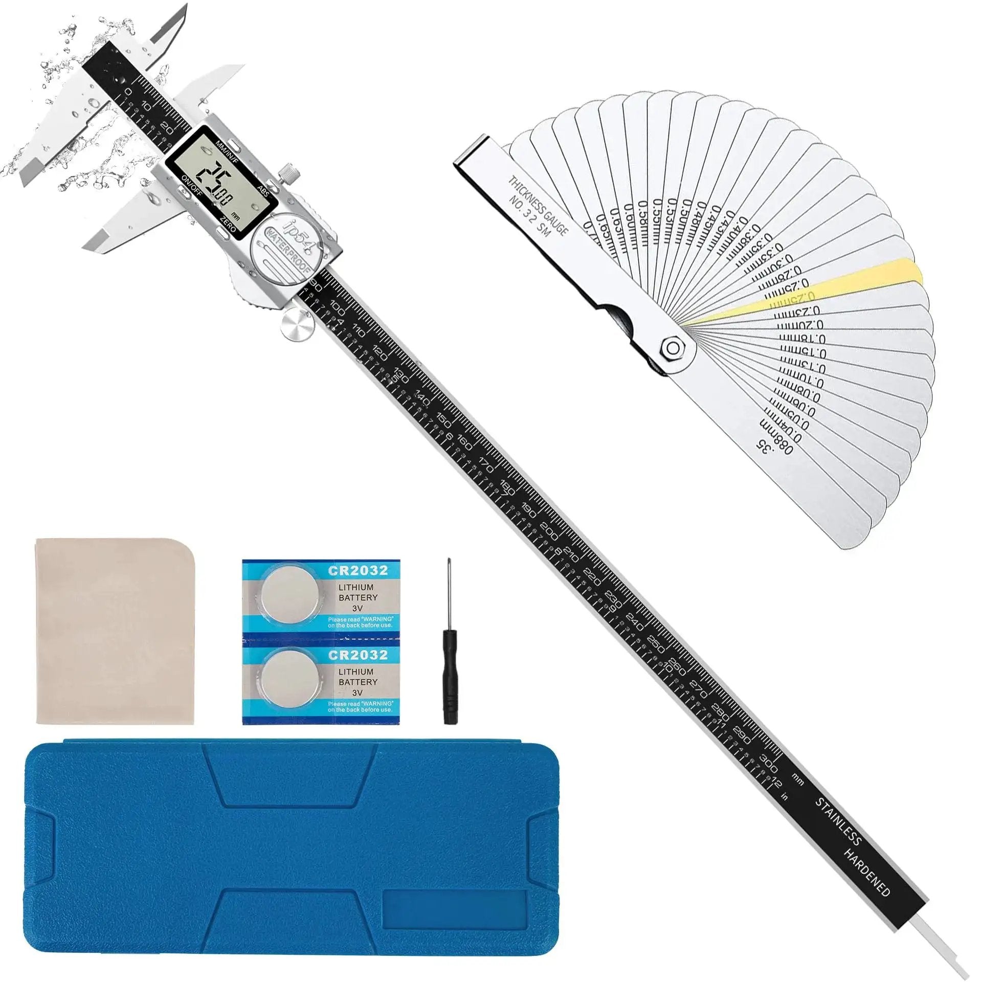 Digital Caliper 12 Inch With ABS Absolute Scale IP54 Waterproof Stainless Steel Vernier Caliper With Inch MM And Fraction Readouts Auto Off LCD Display Precision Measuring Tool Feeler Gauges Included, shown with case, batteries, and feeler gauges.