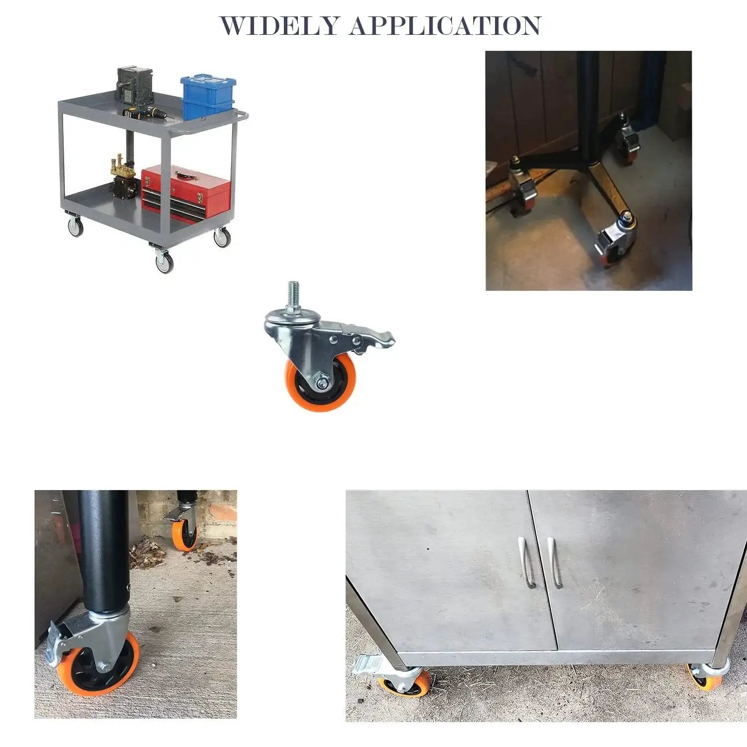 Heavy Duty Swivel Wheels With 3 Inch Yellow PVC Casters And Double Brakes installed on industrial cart for mobility