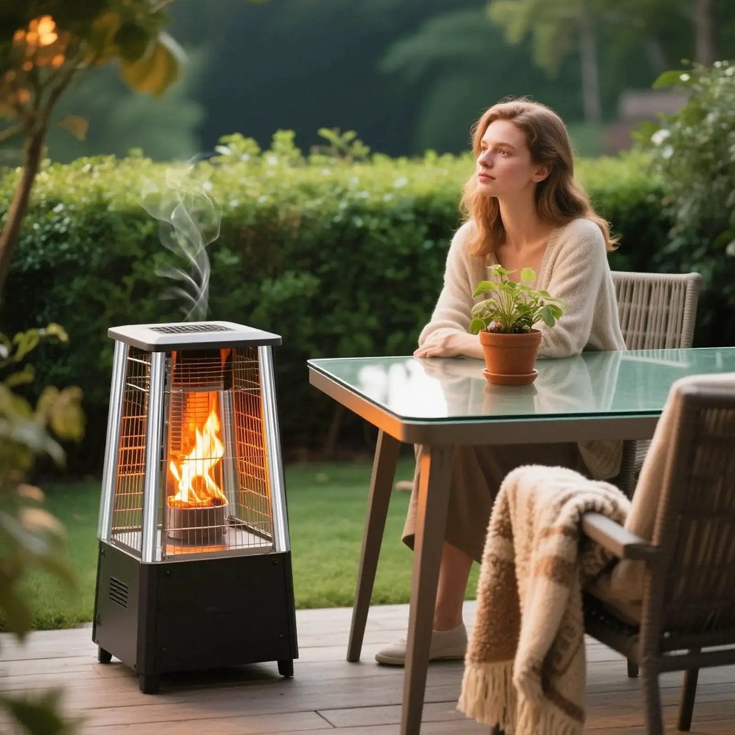 Woman sitting on patio with outdoor heater next to glass table, surrounded by greenery.