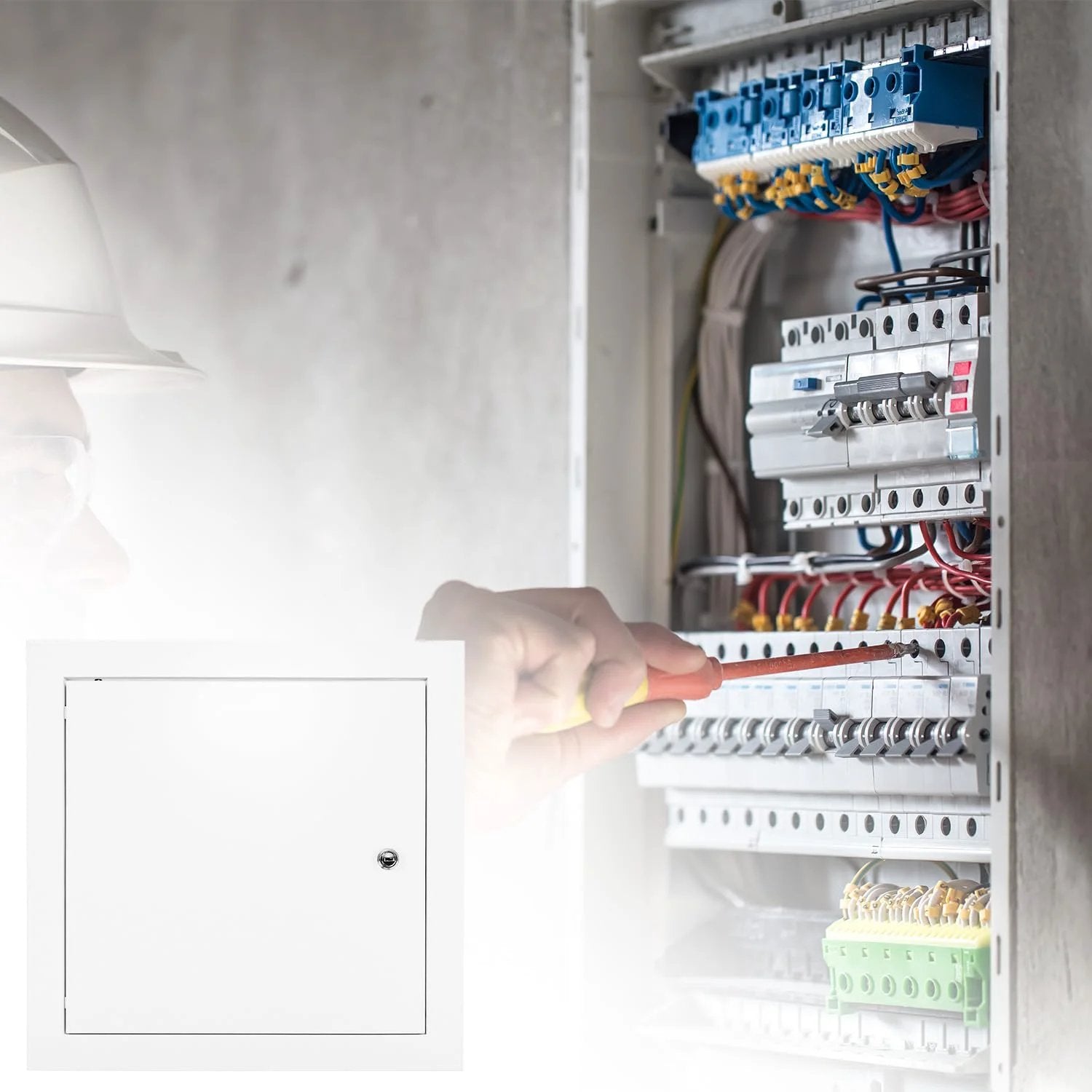10 X 10 Flush Access Door Panel For Drywall And Ceiling Electrical, Powder Coated White Aluminum Alloy Service Shaft Door By QWORK shown next to an electrical panel installation.