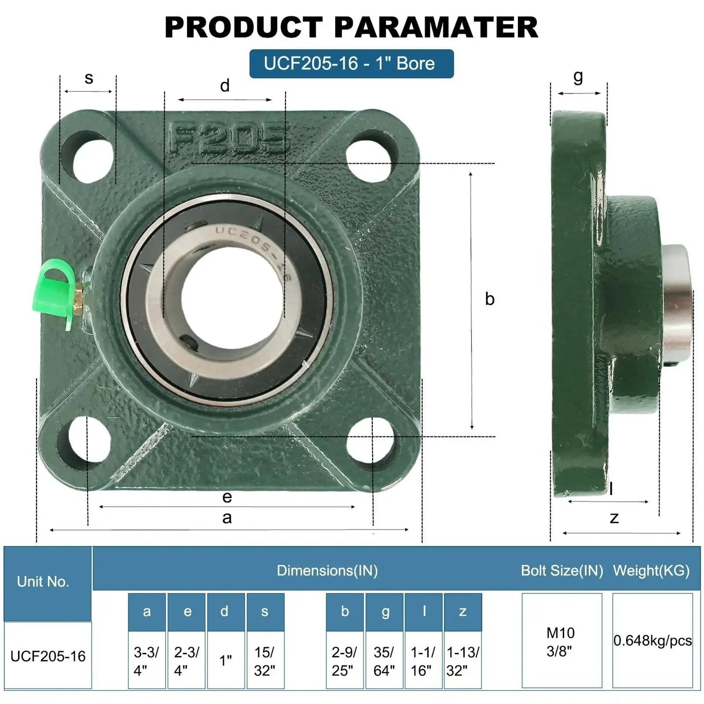 Four Pack UCF205-16 Pillow Block Bearing Set With Square Flange Four Bolt Mount, Bearing Steel Construction, 1 Inch Bore