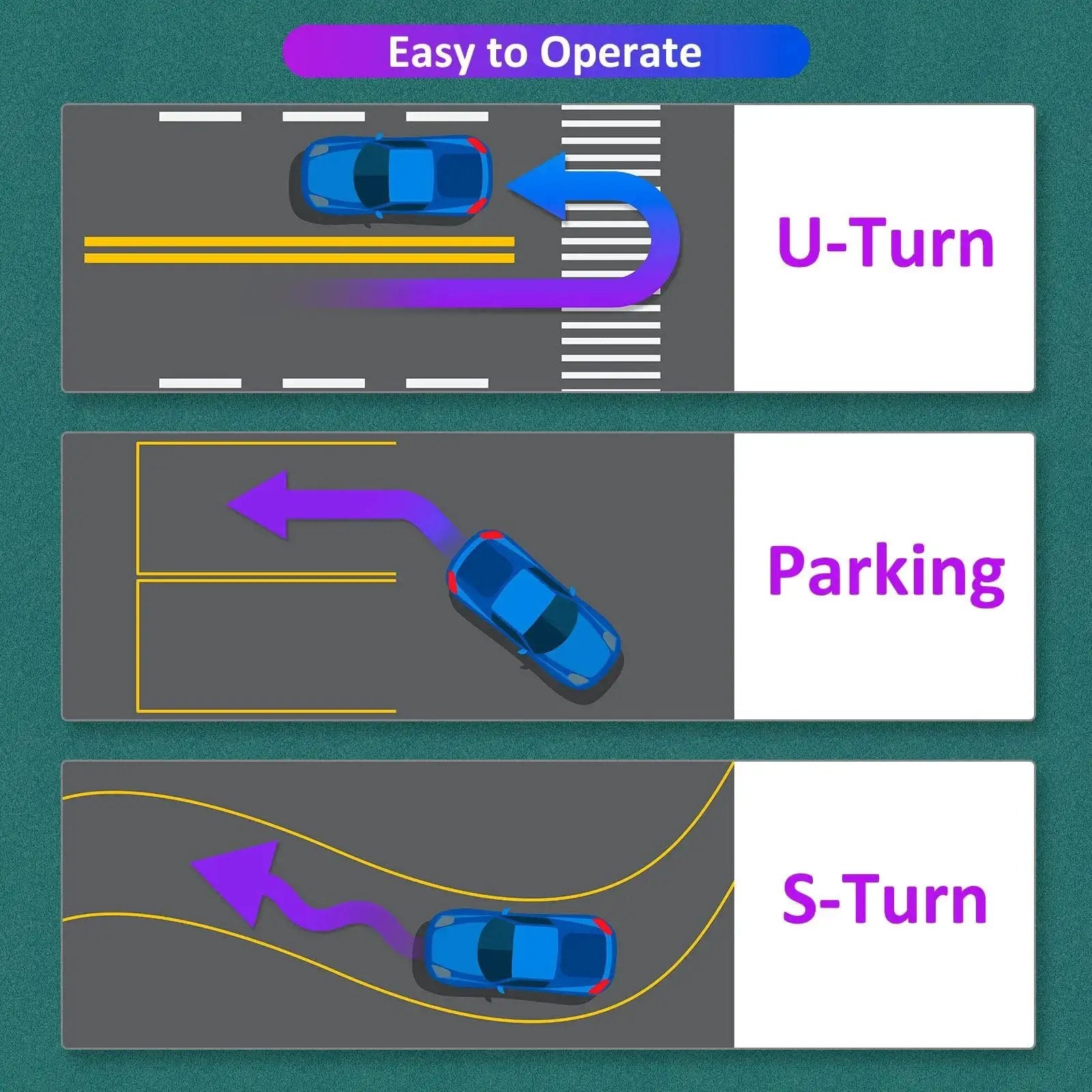 Illustration showing a car using Spinner Knob Steering Wheel Buddy With 360 Degree Rotation for easy U-turn, parking, and S-turn maneuvers.