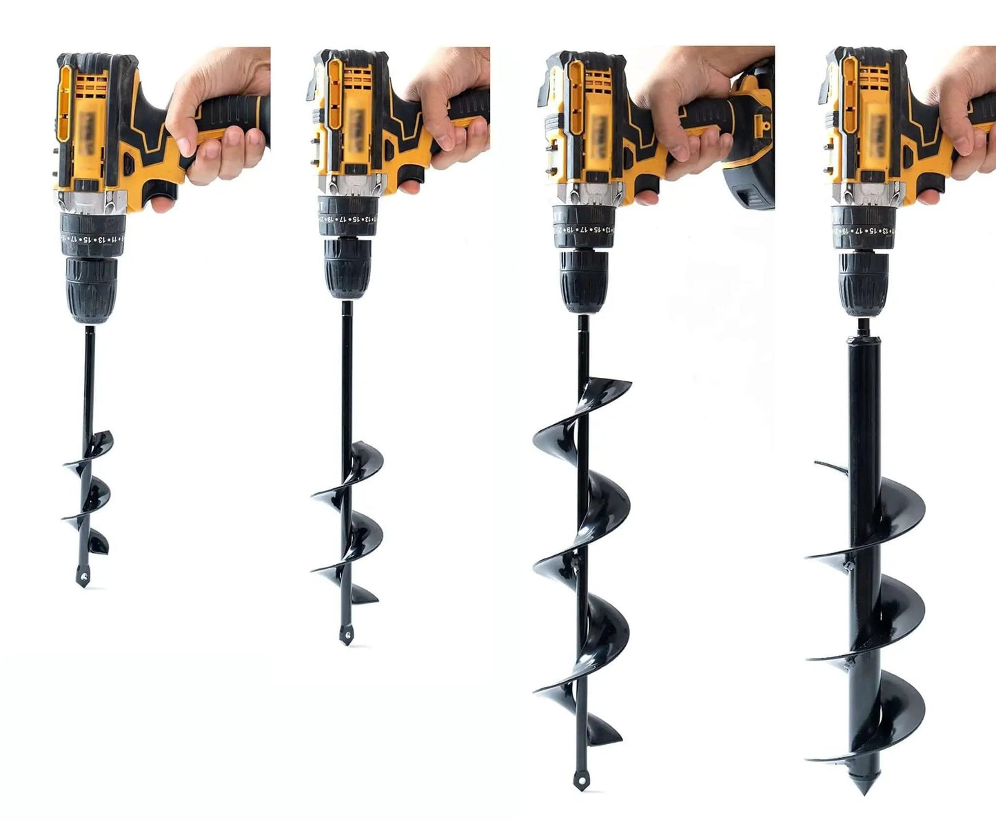 Set Of 4 Bulb Planting Auger Bits For Drill Three Eighths Inch Hex Drive 1.6x9 2.4x12 3.2x16 And 4x16 Inches shown in drill