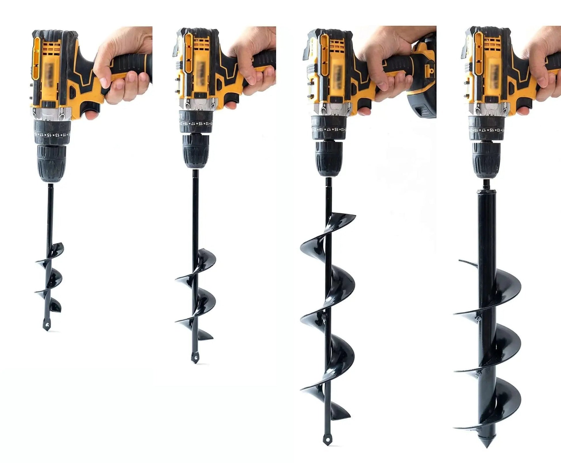 Set Of 4 Bulb Planting Auger Bits For Drill Three Eighths Inch Hex Drive 1.6x9 2.4x12 3.2x16 And 4x16 Inches shown in drill