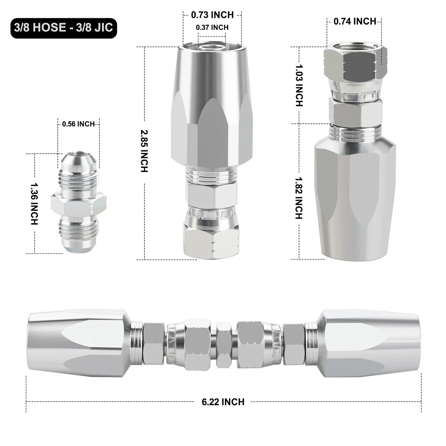 Reusable Hydraulic Hose Repair Fittings Kit 4 Piece Set For One Half Inch ID, Three Eighth Inch ID, And One Quarter Inch ID Hoses Fits Sizes 08 06 04 Single Wire Hydraulic Hose showing component dimensions.