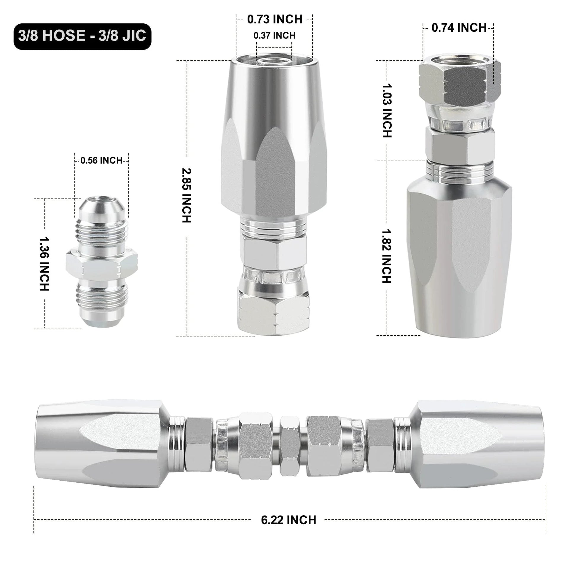 Reusable Hydraulic Hose Repair Fittings Kit 4 Piece Set For One Half Inch ID, Three Eighth Inch ID, And One Quarter Inch ID Hoses Fits Sizes 08 06 04 Single Wire Hydraulic Hose showing component dimensions.