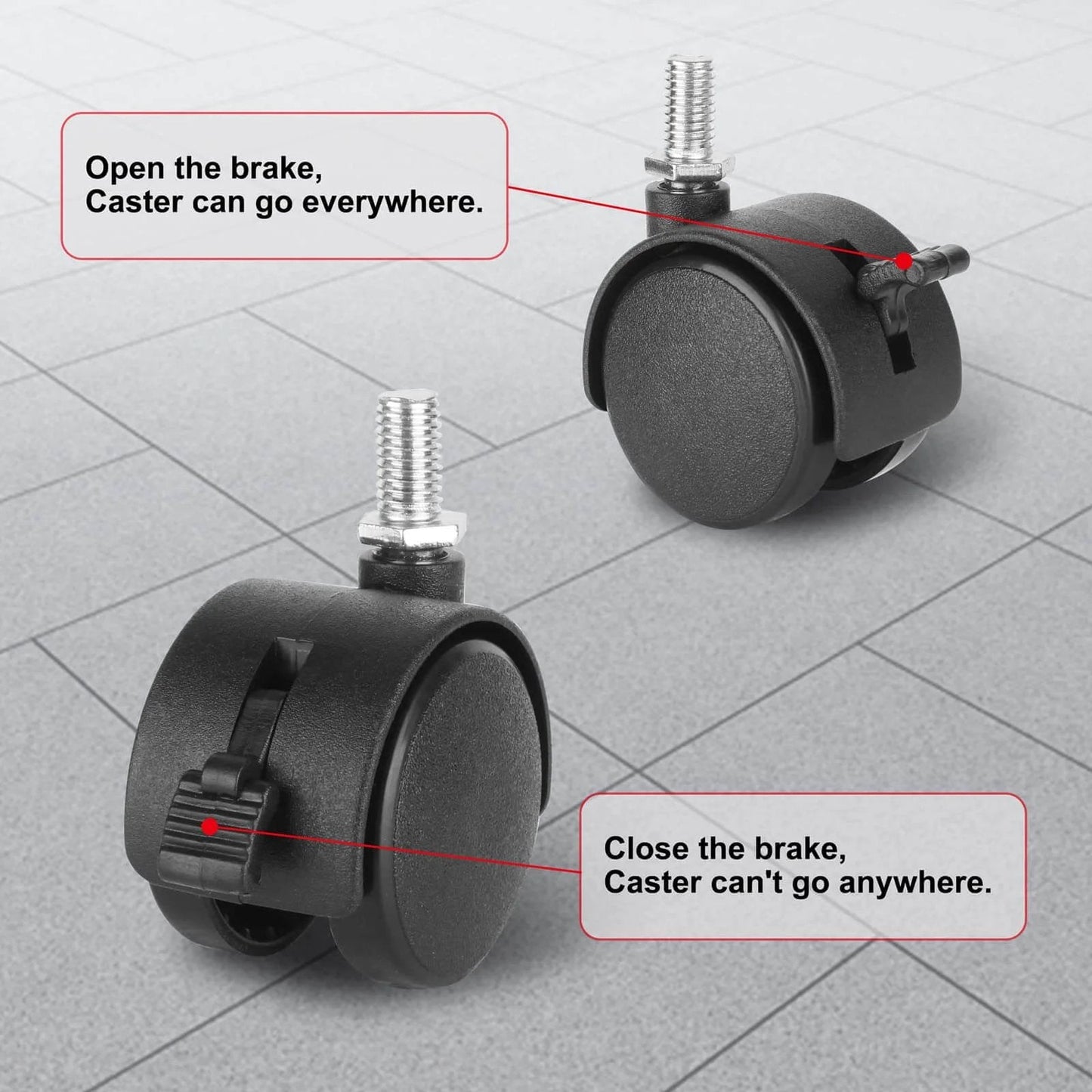 4 Pack 1.5" Swivel Stem Caster Wheels - Replacement Furniture Casters with Locking Brake, Metric M8 Threaded Stem, for Table, Drawer, Plant Shelf, Metal Rack, Laundry Basket.