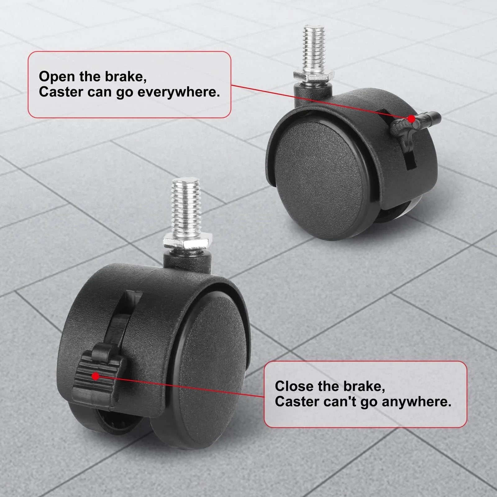 4 Pack 1.5" Swivel Stem Caster Wheels - Replacement Furniture Casters with Locking Brake, Metric M8 Threaded Stem, for Table, Drawer, Plant Shelf, Metal Rack, Laundry Basket.