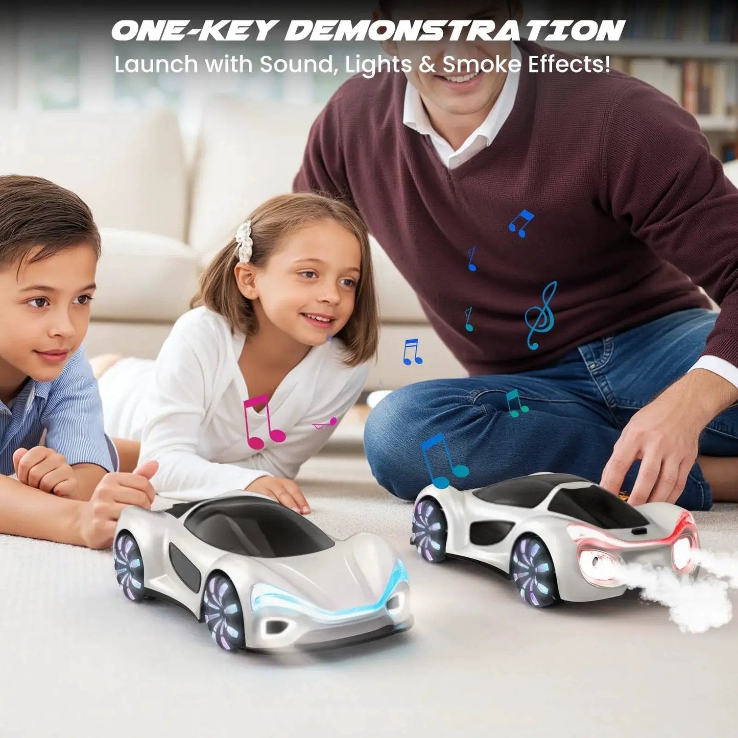 Children play with gesture sensing remote control car with charging dock, 360 degree omnidirectional mecanum wheels, spray mist, and LED light show.