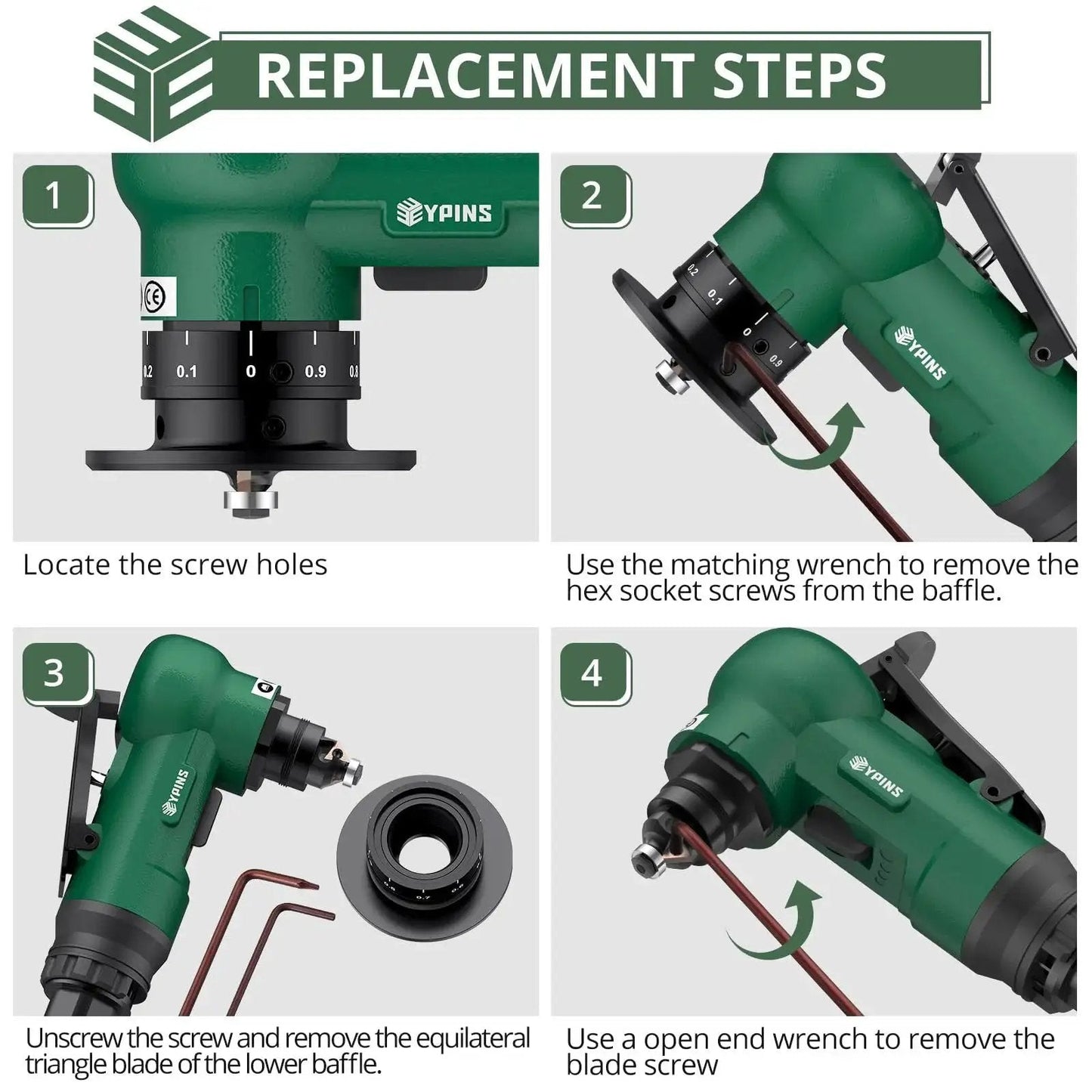 Step-by-step guide for replacing blades on Pro Mini Pneumatic Chamfering Tool with 16 Piece C and R Angle Blades by EYPINS.