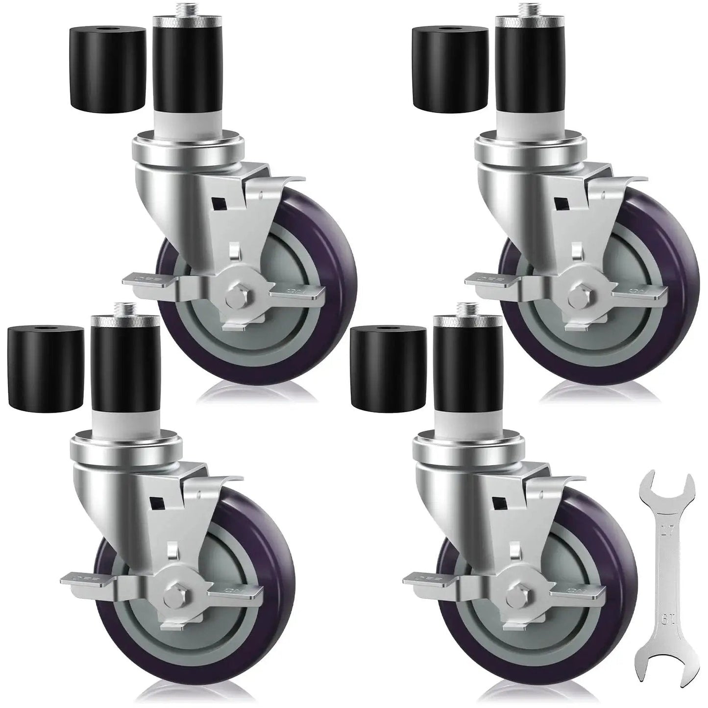 4 Inch Prep Table Casters Set Of 4 With Brakes For Commercial Kitchen Tables, stainless steel expanding stem with wrench