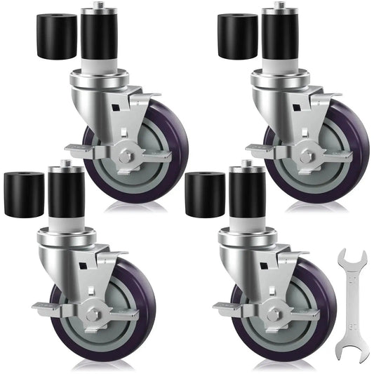 4 Inch Prep Table Casters Set Of 4 With Brakes For Commercial Kitchen Tables, stainless steel expanding stem with wrench