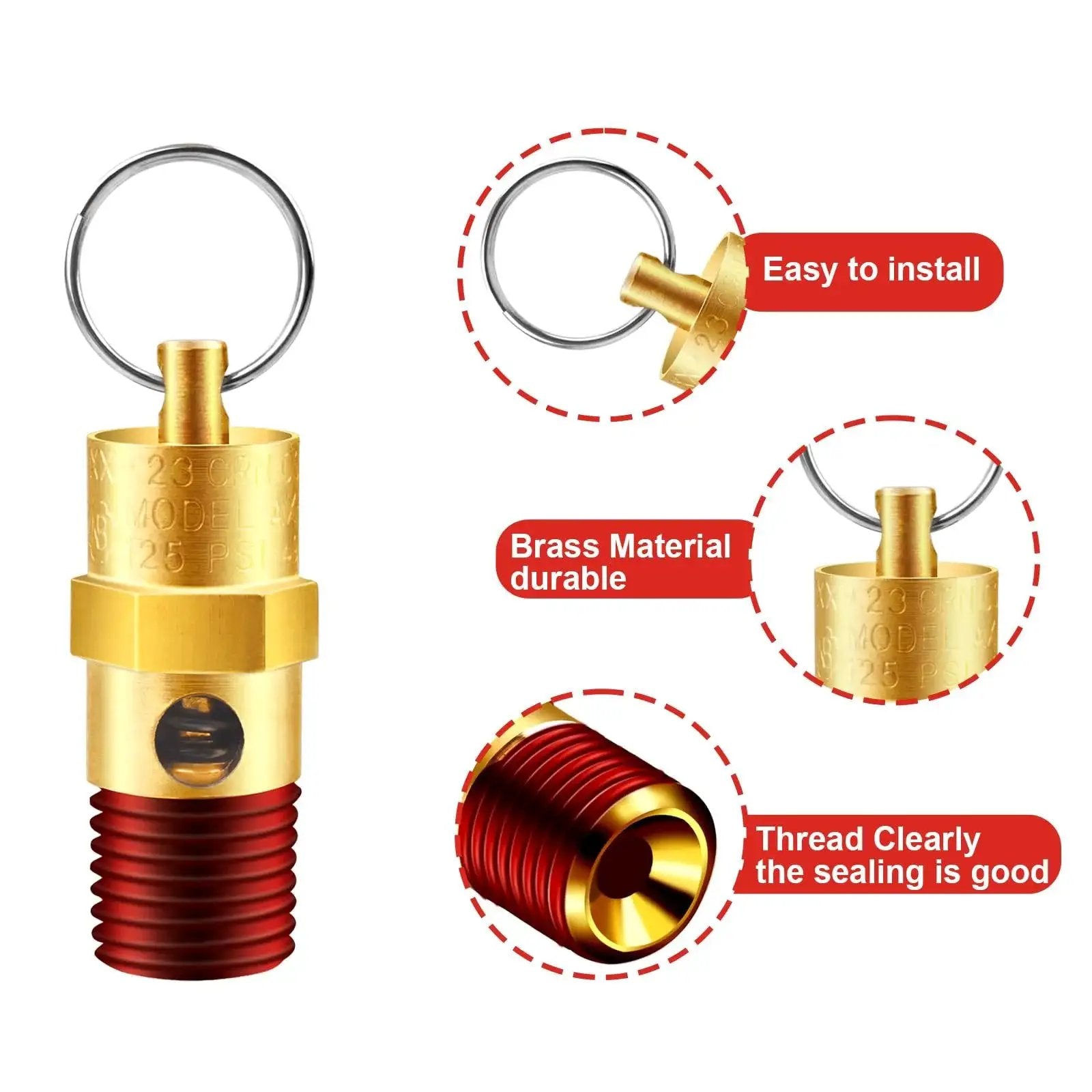 Two Pack One Quarter Inch NPT Air Compressor Pressure Relief Valves Brass Safety Check Valves 150 PSI with male threads