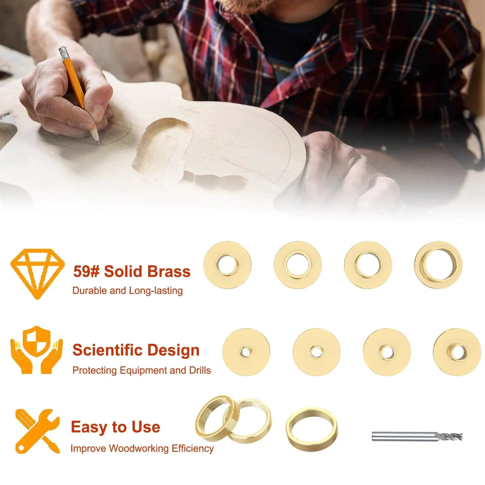 Premium 13 Piece Brass Router Template Bushing Set With Centering Cone showing solid brass bushings, design features, and woodworking use.