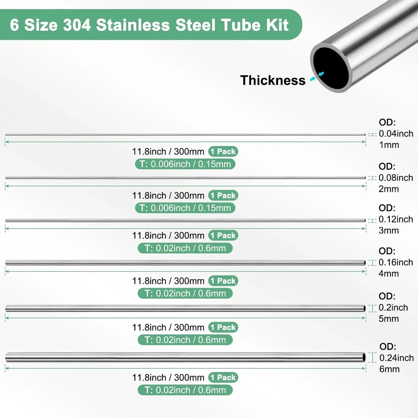 Pro Grade 304 Stainless Steel Tube Set, 300mm Length, Seamless, Six Diameters From 1mm To 6mm OD, Wall Thickness 0.15mm And 0.6mm
