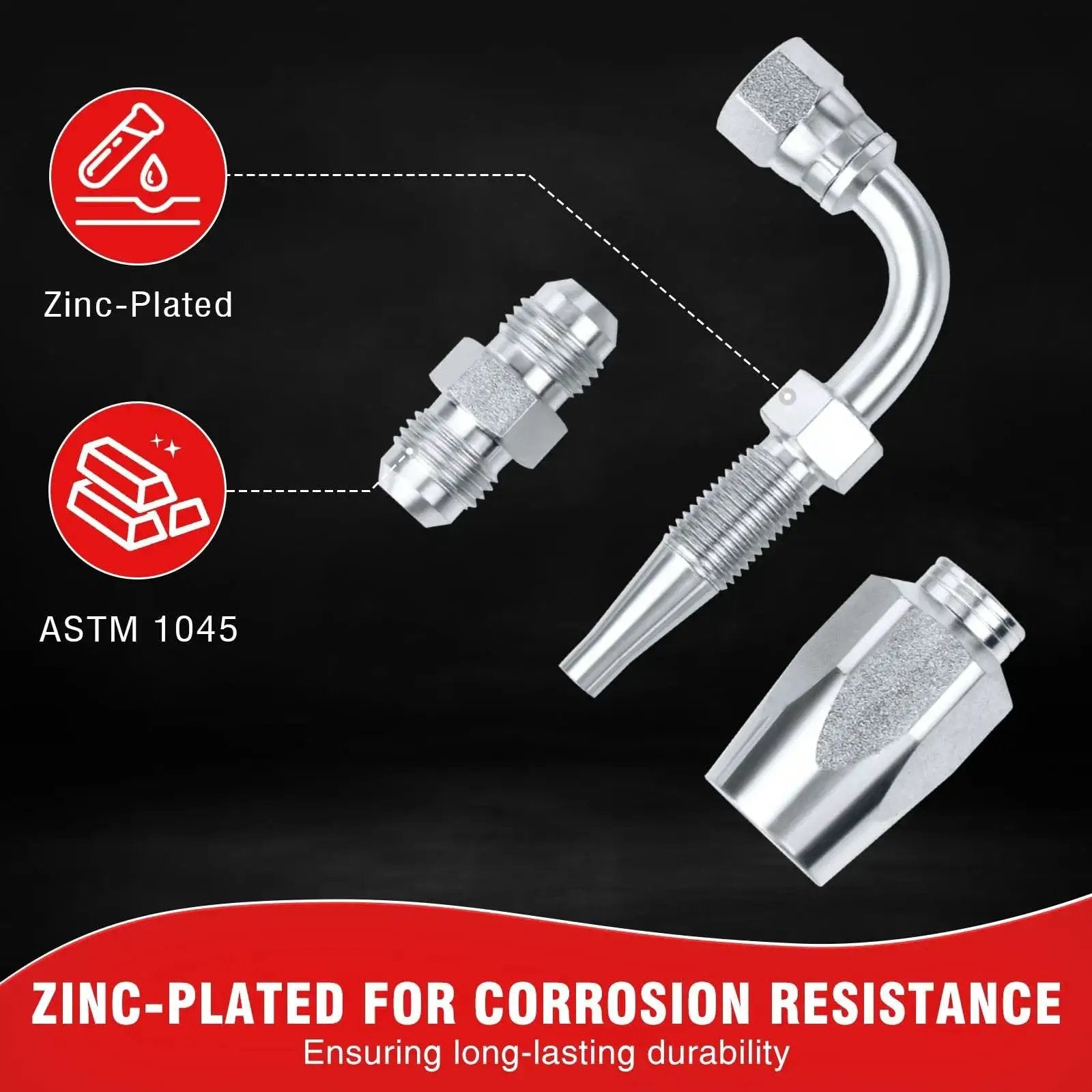 Three Pack 90 Degree Hydraulic Hose Field Repair Kit For One Quarter Three Eighths And One Half Inch Inner Diameters showing zinc-plated components