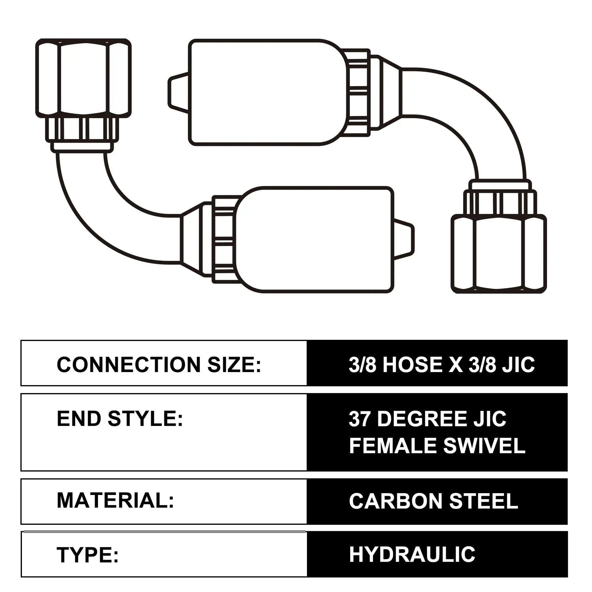 Diagram of Beefy Three Eighths Inch Hydraulic Fittings 90 Degree JIC Hose Crimp Kit, carbon steel, for petroleum-based fluids
