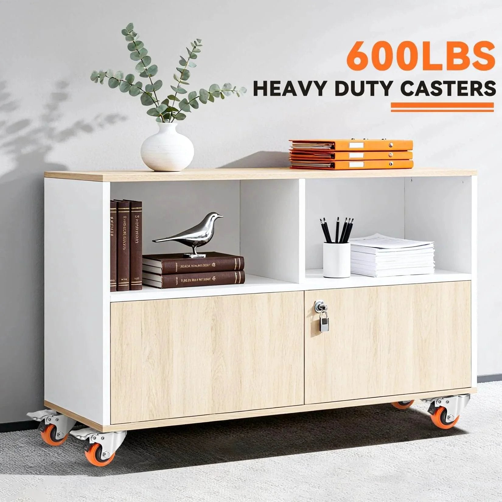Wooden cabinet with books and decor on heavy duty 2 inch plate caster wheels set of 8 with brakes 150 lb capacity each dual locking swivel casters