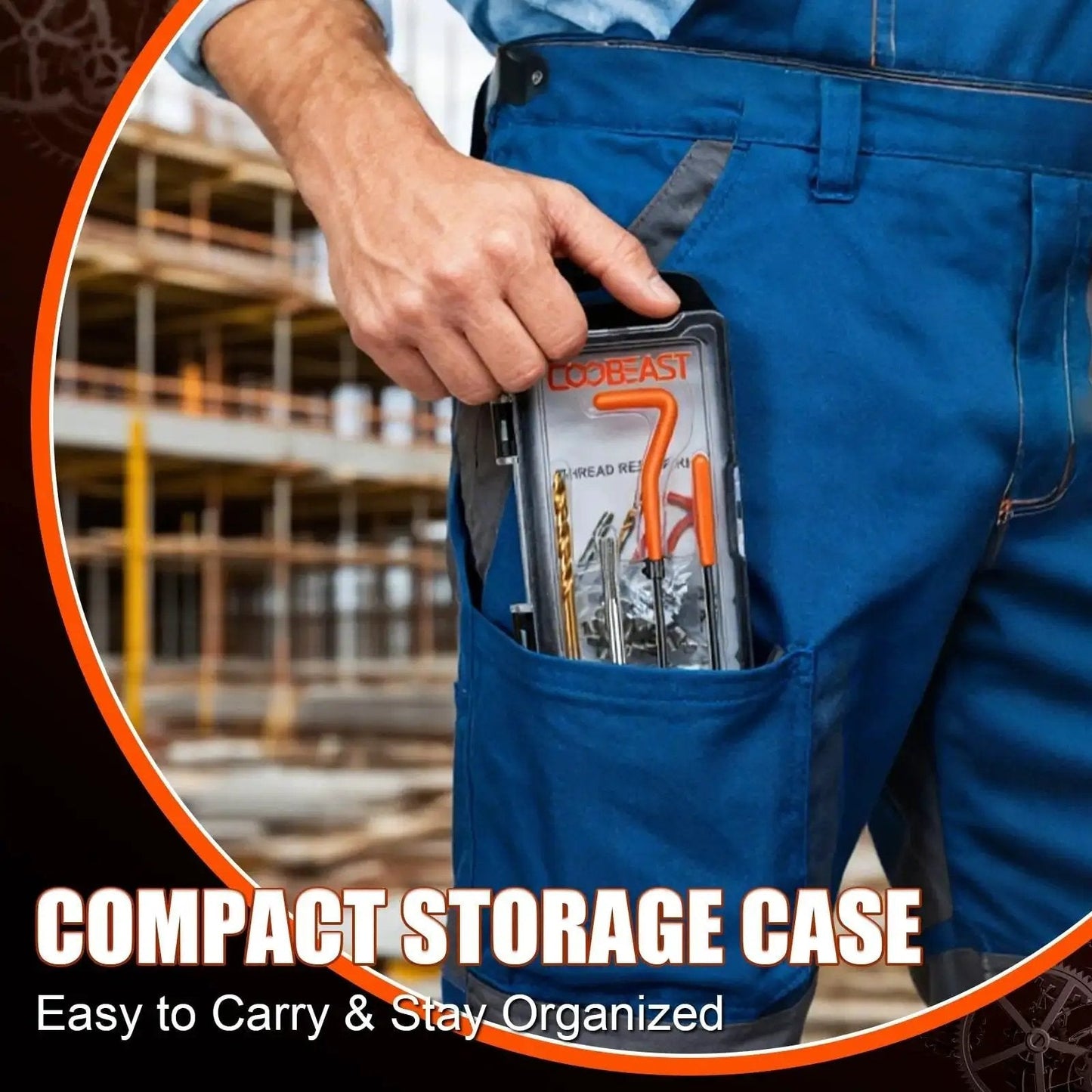 Person carrying Thread Repair Kit With HSS Drill Bit And 30 Stainless Inserts M6x1 Rethreading in a pocket.