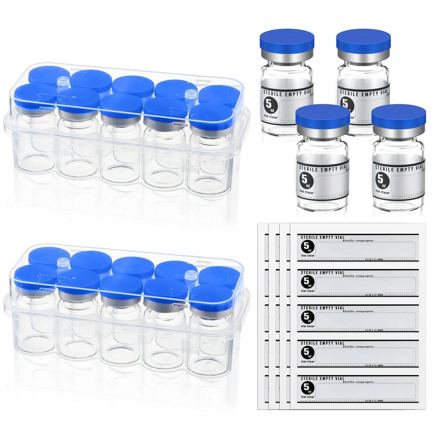 20 Pack Sealed Sterile 5ml Glass Vials With Self Healing Injection Port For Medical Lab And Home Use, Includes 20 Blue Label Stickers, Durable Seals, Leak Proof Design By Threlaco