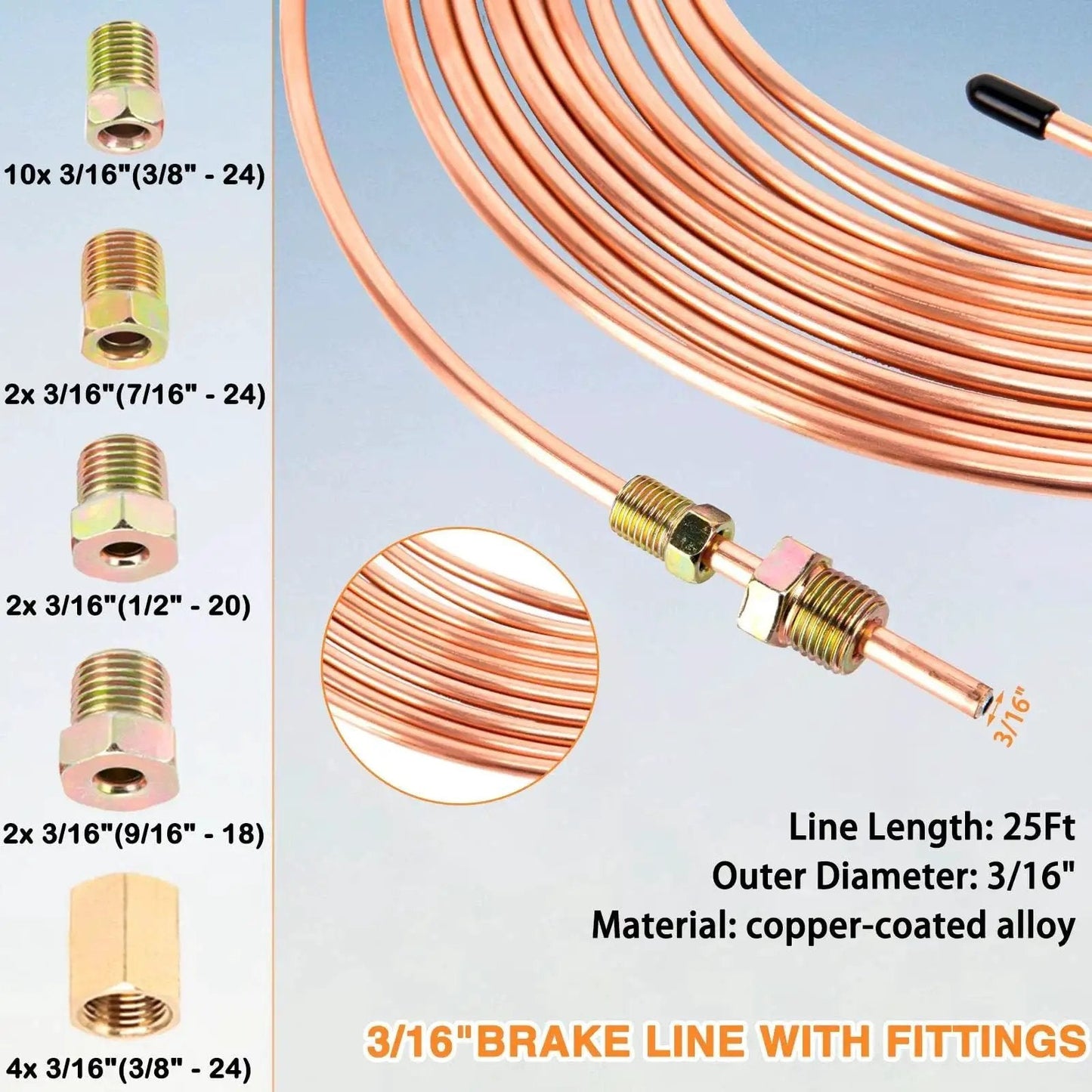 3/16 Inch Brake Line Repair Kit Flaring Tool Cutter Bender 25ft Coated Line with fittings and copper-coated tubing