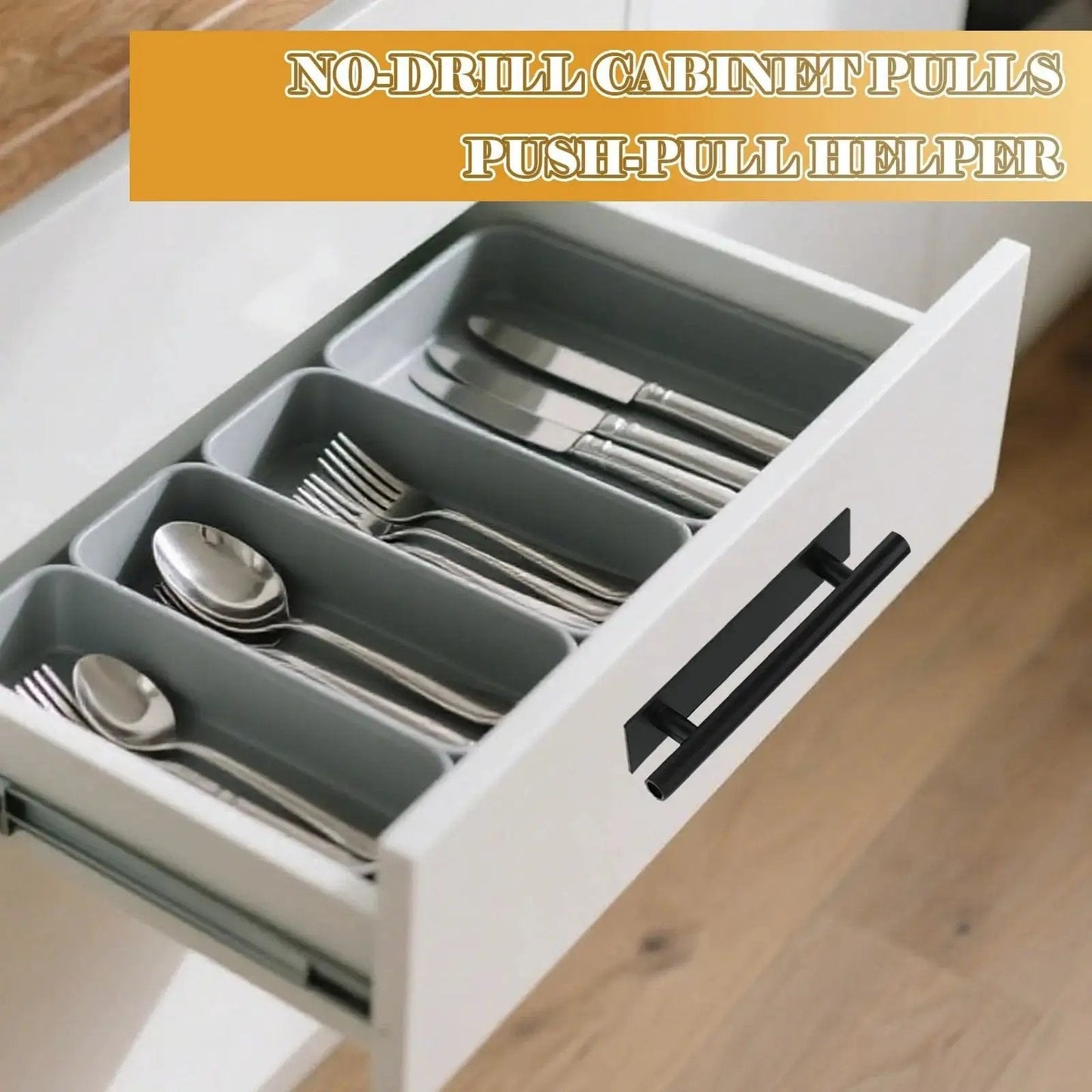 Push Pull Helper Self-Adhesive Cabinet Handles 30 Pack Black ABS Plastic on open kitchen drawer with cutlery