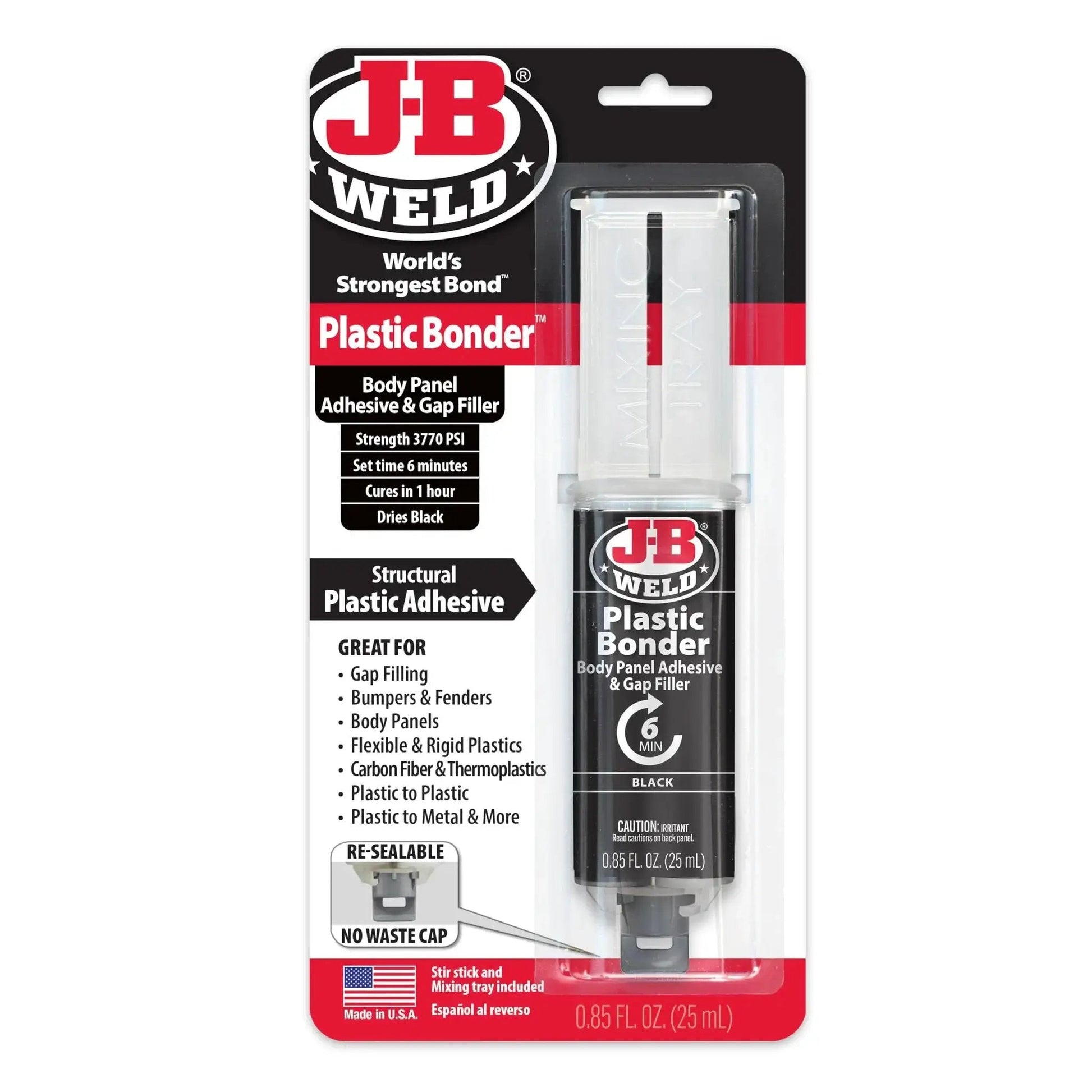 Plastic Bonder Body Panel Adhesive And Gap Filler Syringe Black 25 Ml in packaging front view