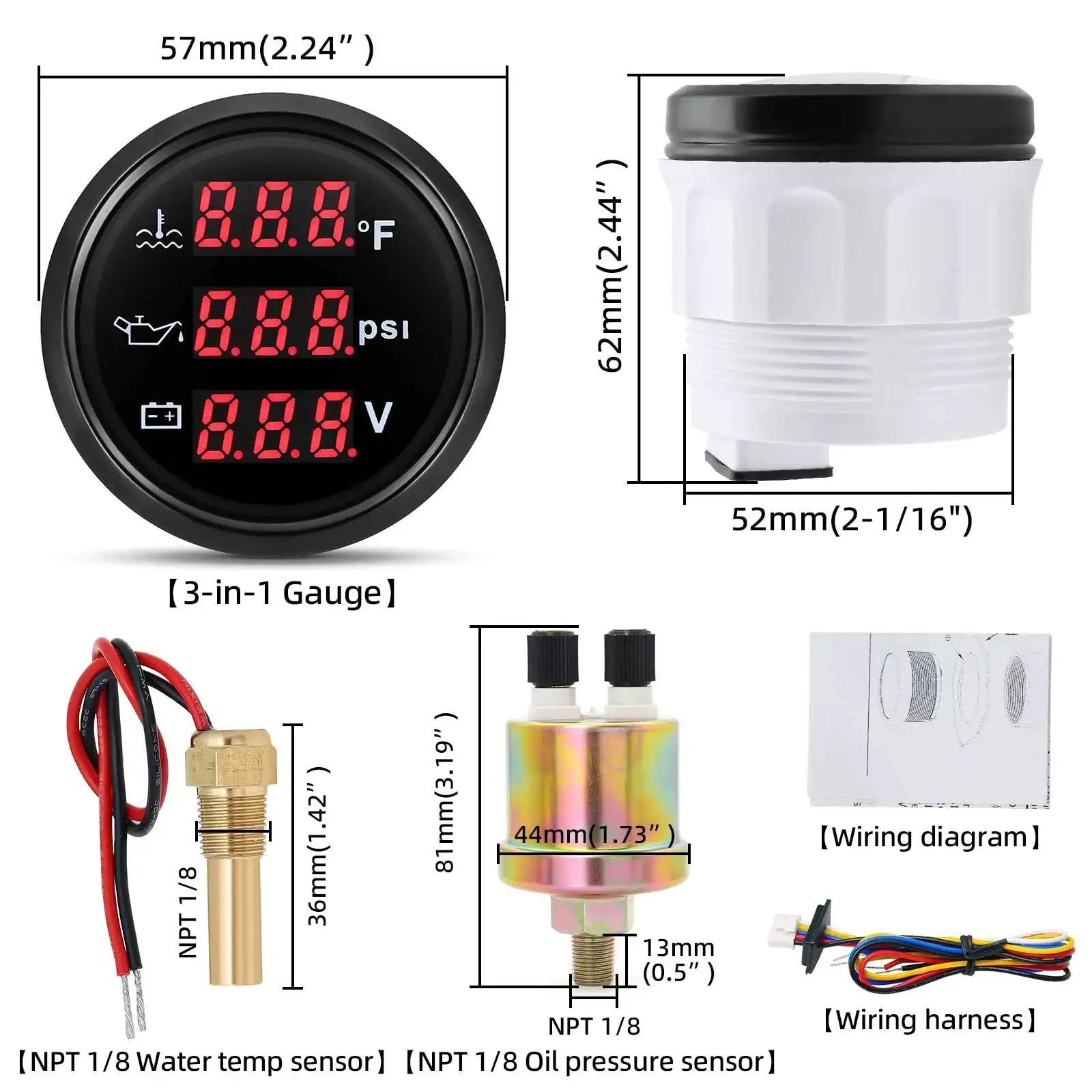 All In One 52mm 2-1/16 Inch Triple Gauge Kit With Oil Pressure Psi Water Temperature F And Volt Display components and dimensions