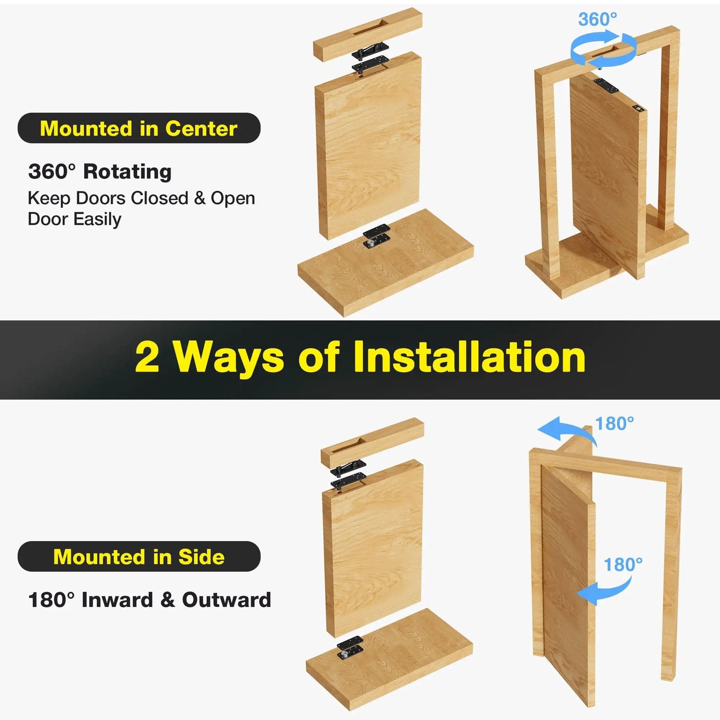 Hidden Door Hinge Kit With 620 Lbs Load Bearing Heavy Duty Stainless Steel Pivot Hinge 360 Degree Rotation Black Invisible Hardware installation options