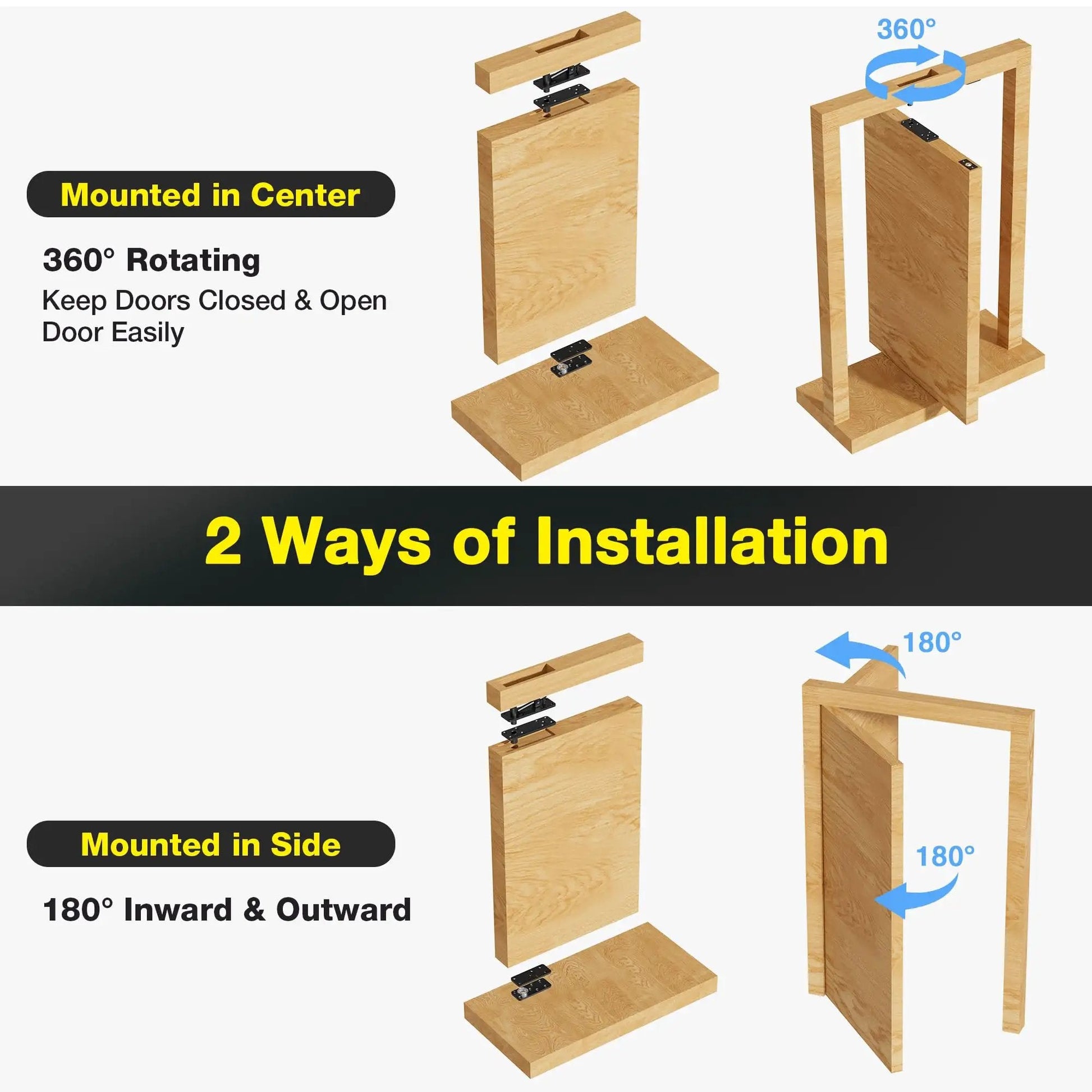 Hidden Door Hinge Kit With 620 Lbs Load Bearing Heavy Duty Stainless Steel Pivot Hinge 360 Degree Rotation Black Invisible Hardware installation options