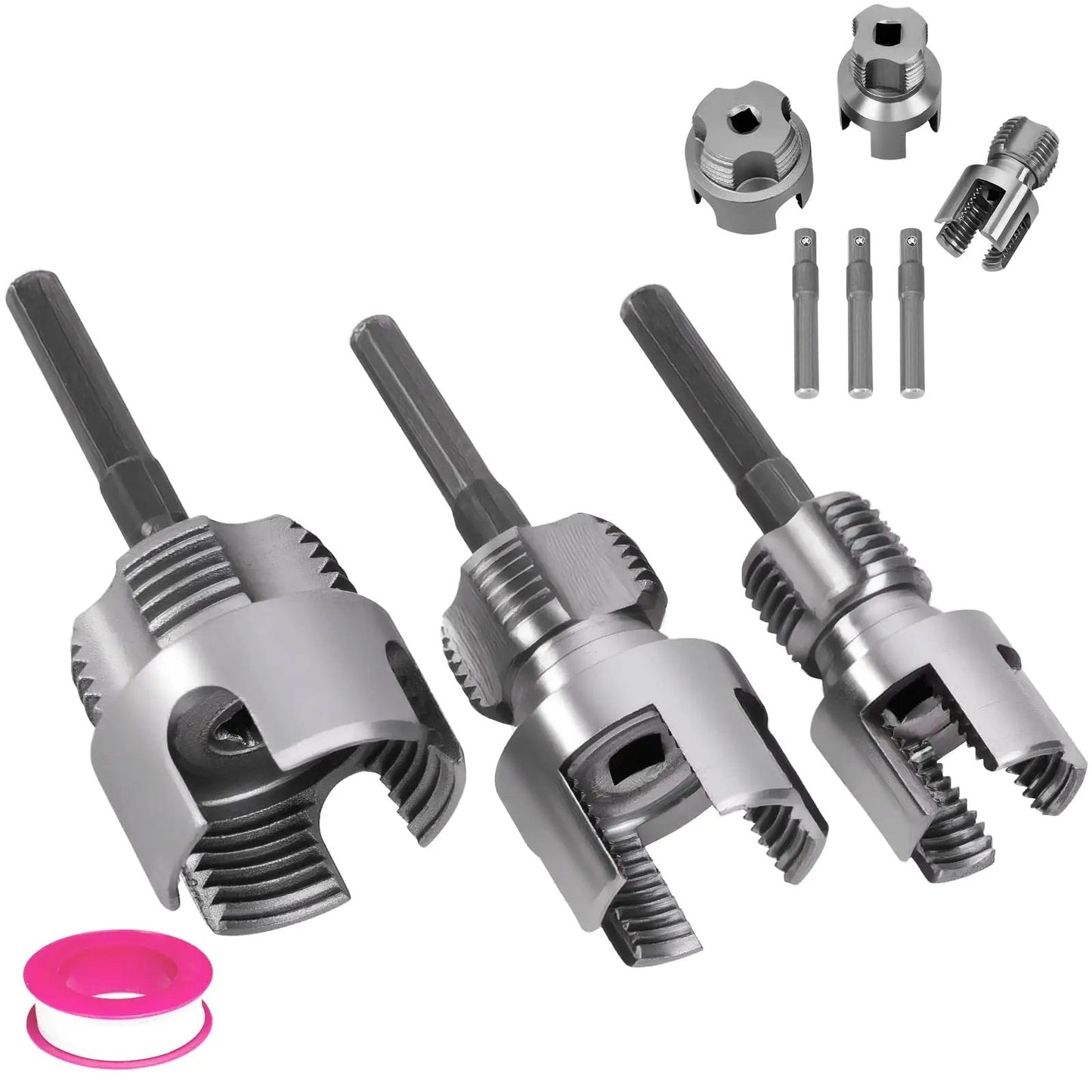 Dual Function PVC Pipe Threader Kit For Internal And External Threading In One Half Inch Three Quarter Inch And One Inch Pipes Go To Tool For Quick Plumbing Repairs And DIY Projects, showing various threaders and accessories.