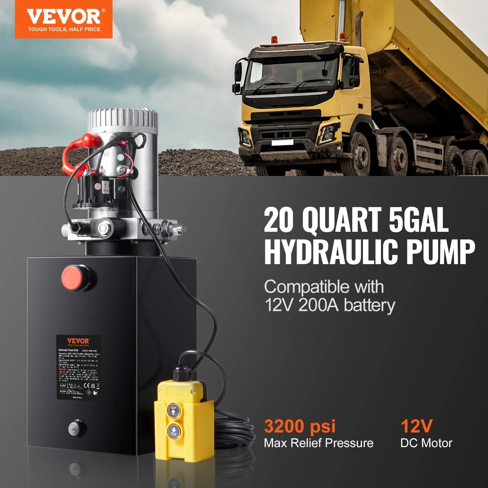 Beefy 20 Quart Hydraulic Dump Trailer Pump For 12V DC Systems with Handheld Pendant and Dump Truck in Background