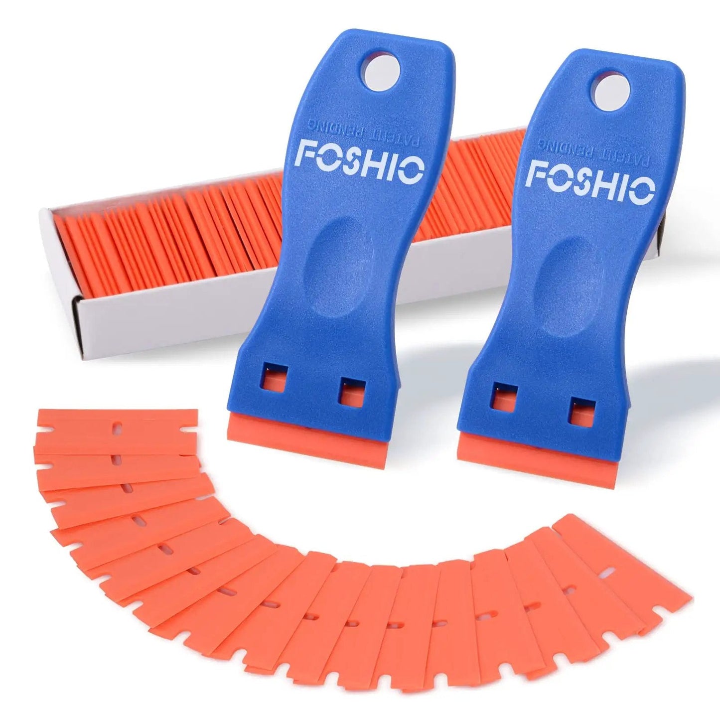 Plastic Razor Blade Scraper Set With 2 Scrapers And 100 Double Edged Blades For Gasket Removal Labels Decals And Adhesive Removal On Windows And Glass Lightweight Rustproof Plastic Construction And Quick Blade Changes