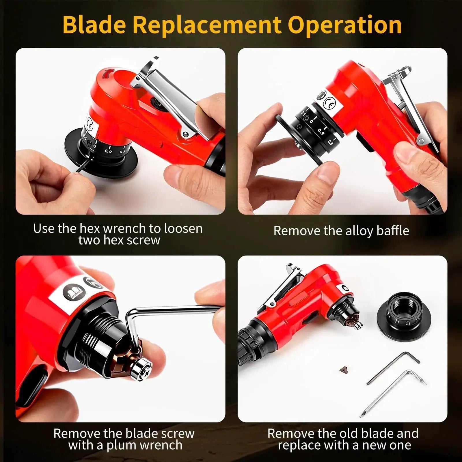 Blade replacement operation for 2 In 1 Pneumatic Chamfer Tool For Deburring And Beveling, Mini Air Bevel Machine with included tools.
