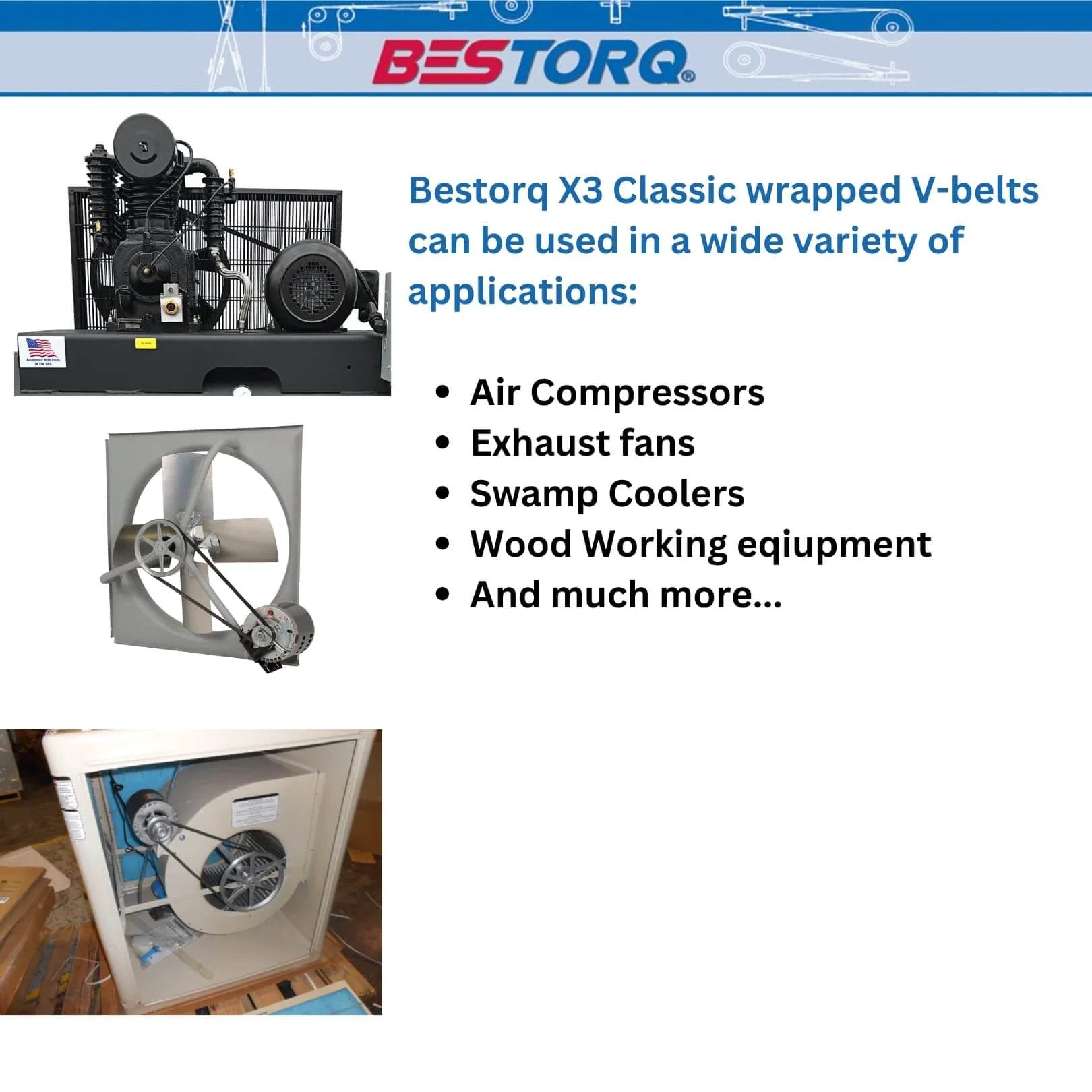 Applications of A36 or 4L380 V-Belt in air compressors, exhaust fans, and more, product overview with images of machinery and text description.