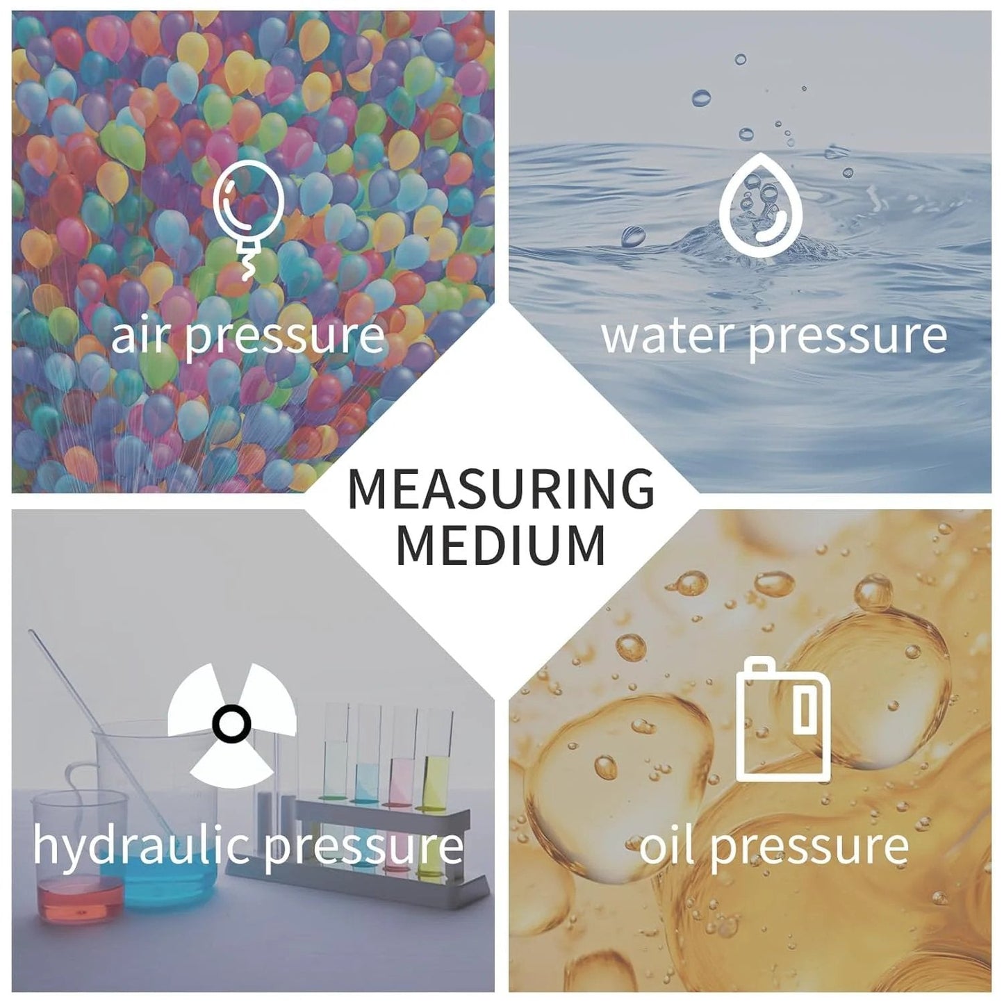 Visual representation of measuring media: air pressure with balloons, water pressure, hydraulic pressure with beakers, and oil pressure.