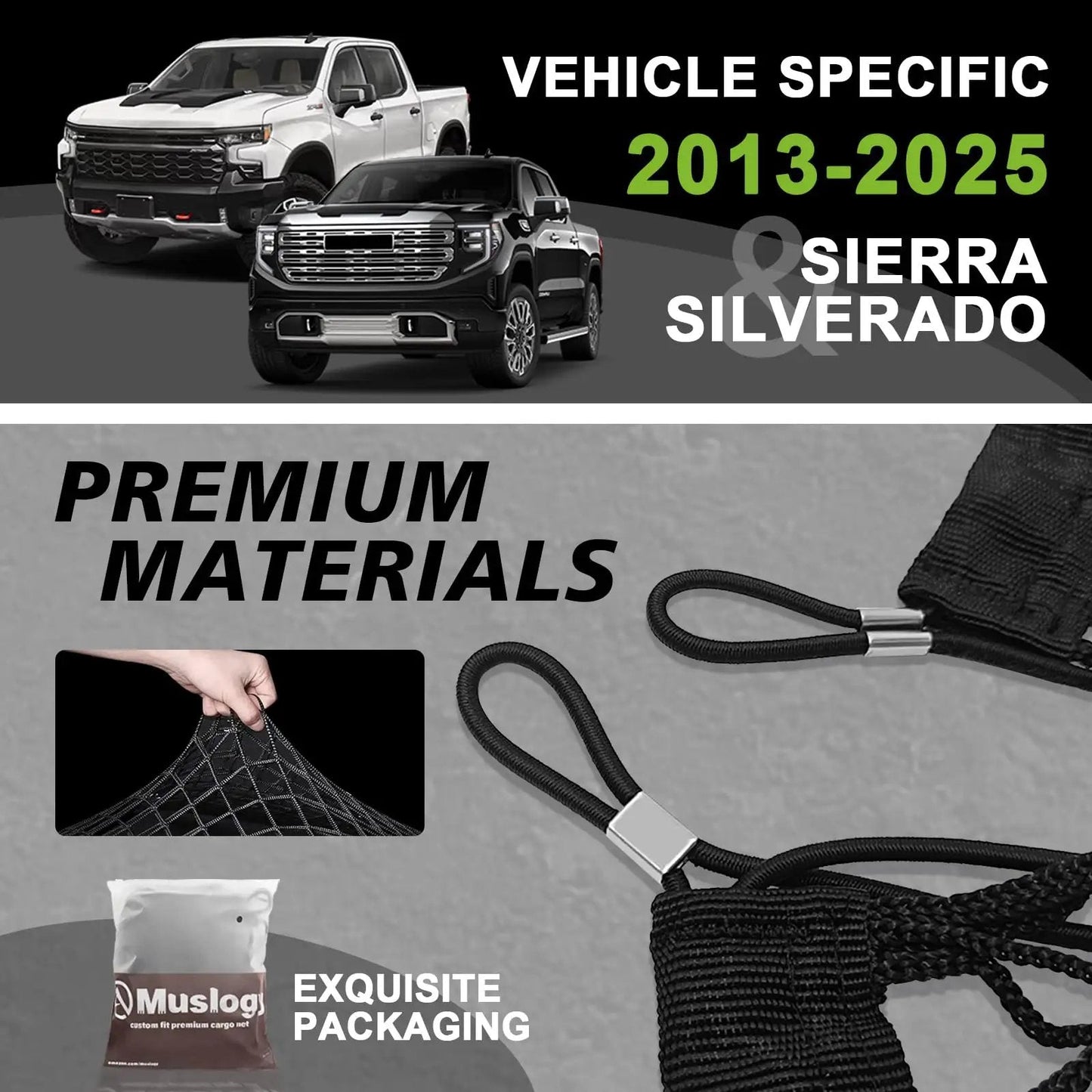 Truck Bed Cargo Net For Chevy Silverado And GMC Sierra 2019 To 2025 Custom Fit Envelope Style Storage Organizer With Heavy Duty Carabiners And LockNflex Material close-up of premium materials and clips.