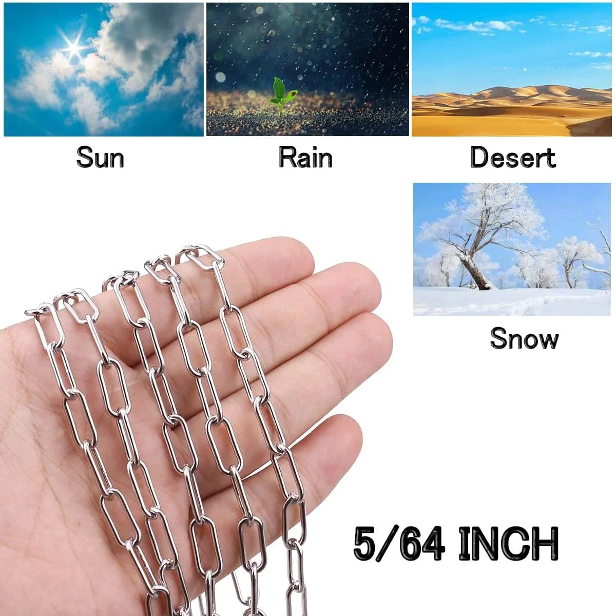 6.5 Foot 5/64 Inch Stainless Steel Chain for home and outdoor use, shown with weather icons, held in hand