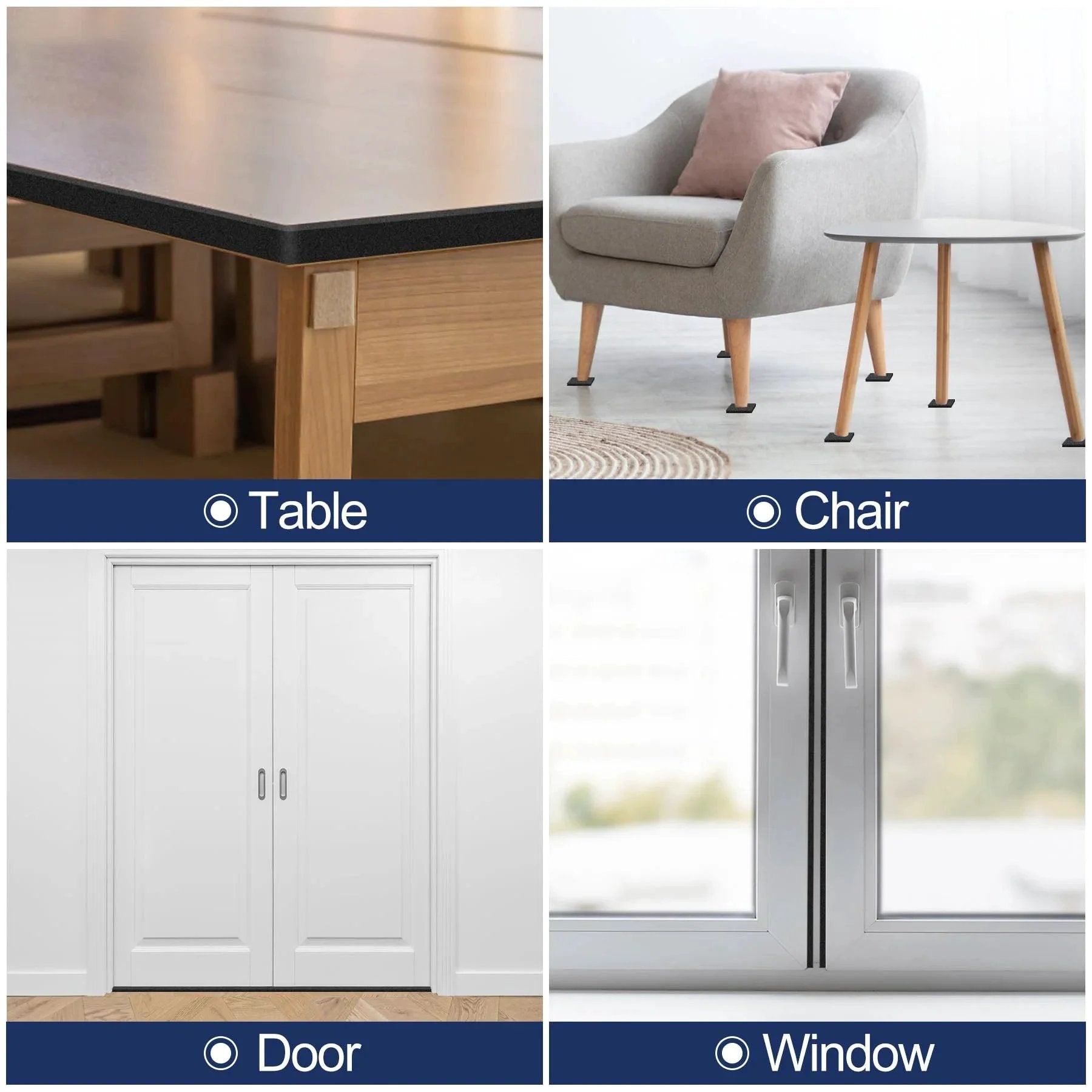 Collage with a table, chair, white door, and window; relevant to 66Ft Self Adhesive EVA Foam Weather Stripping Tape For Doors And Windows.