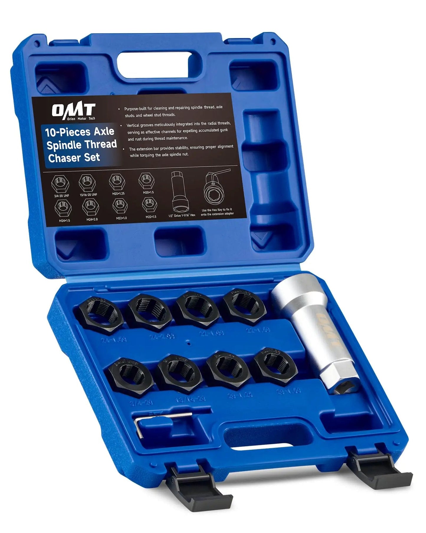 Axle Spindle Thread Repair Kit With Eight Dies And One And One Sixteenth Inch Extension Bar For Rethreading Damaged Axle Threads includes case