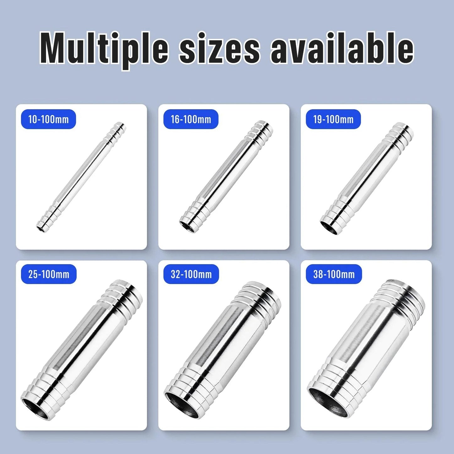 2 Pack Three Quarter Inch Hose Barb Fittings 4 Inch Long 304 Stainless Steel Sanitary Barbed Splicer Mender Union Couplers With Hose Clamp For Home Garden And Industrial Use, showing multiple size options.