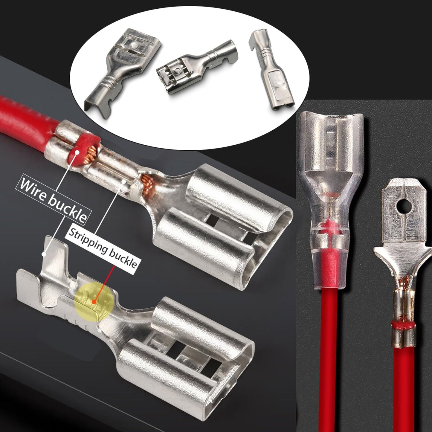 Ultimate 540 Piece Spade Connectors Kit With Insulating Sleeves And Crimp Terminals showing tin plated copper connectors.