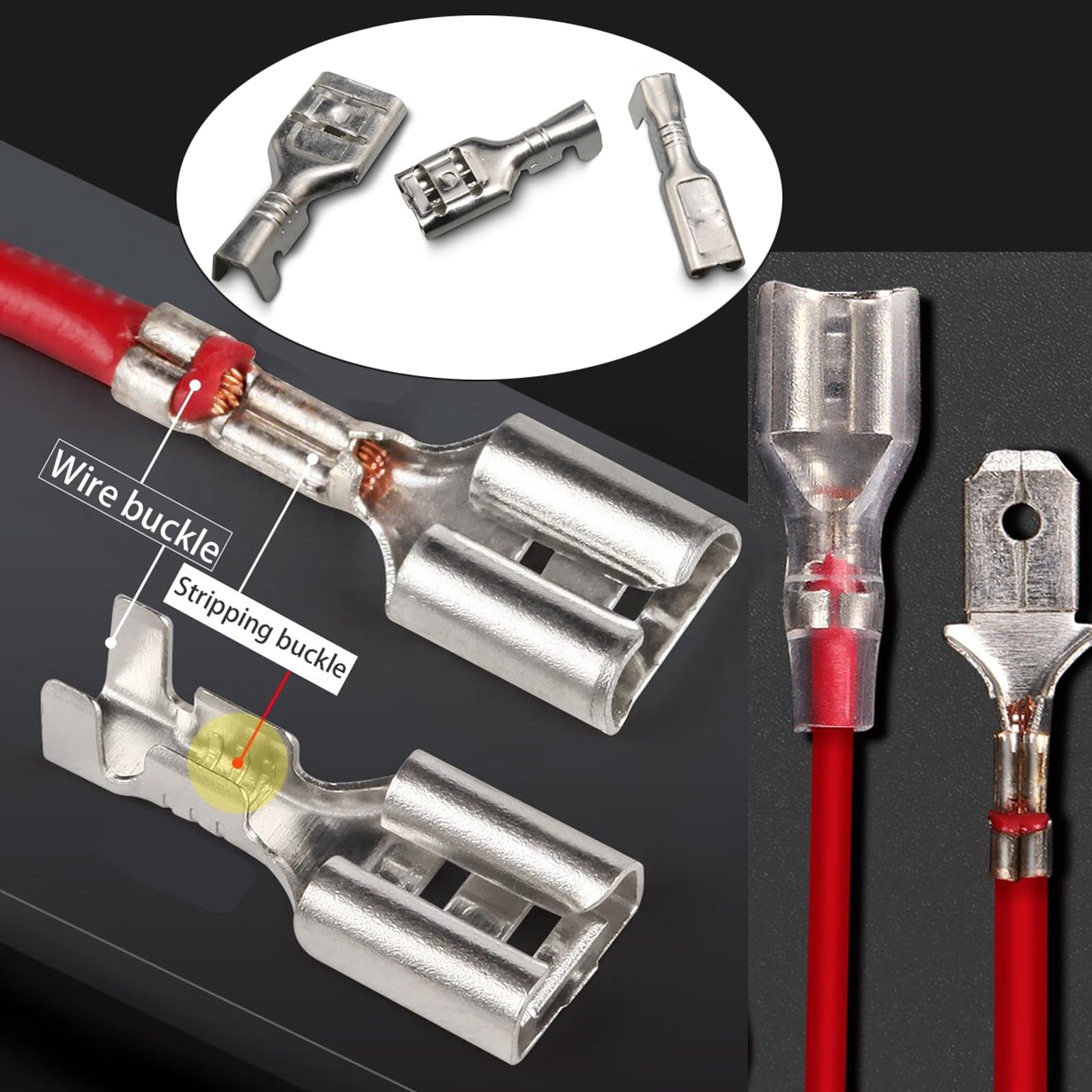 Ultimate 540 Piece Spade Connectors Kit With Insulating Sleeves And Crimp Terminals showing tin plated copper connectors.